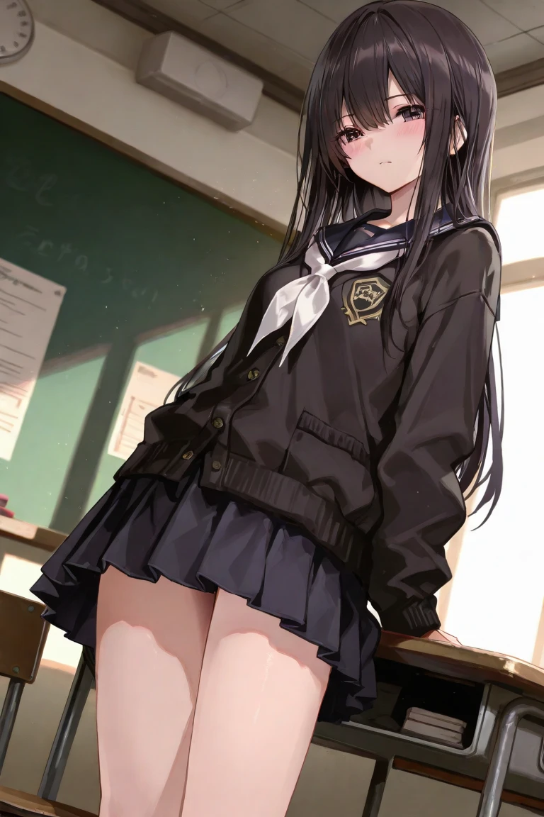 masterpiece, best quality, 1girl, solo, long hair, looking at viewer, skirt, black hair, school uniform, purple eyes, pantyhose, pleated skirt, horns, serafuku, cardigan, oni horns, open cardigan, black panty, floral lace undies, cameltoe, show panties, squatting sexily, open legs, spread legs, miniskirt, open legs squat, paw hand pose, sitting on chair, classroom, hypnotism, hypnotized