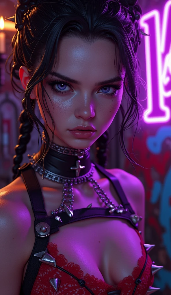 [Core Concept]
A close-up portrait of Jinx, the infamous criminal mastermind from the League of Legends universe.

[Character Description]
Jinx is depicted with her signature electric blue hair, wild and untamed, framing her mischievous face. Her eyes are filled with a gleam of unrestrained joy and a hint of madness, reflecting her chaotic and unpredictable nature.

[Environment/Background]
The background is blurred and indistinct, allowing the focus to remain solely on Jinx's captivating features.

[Style and Atmosphere]
The image has a gritty, neon-infused aesthetic, capturing the edgy and high-intensity vibe associated with Jinx's character.

[Composition]
The composition is tightly framed, drawing the viewer's attention directly to Jinx's expressive face and emphasizing the intensity of her gaze.

[Details and Embellishments]
Jinx's makeup is bold and striking, with sharp lines accentuating her features and a vibrant, almost fluorescent color palette that adds to the overall sense of energy and chaos.

[Technical Specifications]
The image is rendered with a high level of detail, showcasing the intricate textures and vibrant hues that bring Jinx's iconic appearance to life. Nude