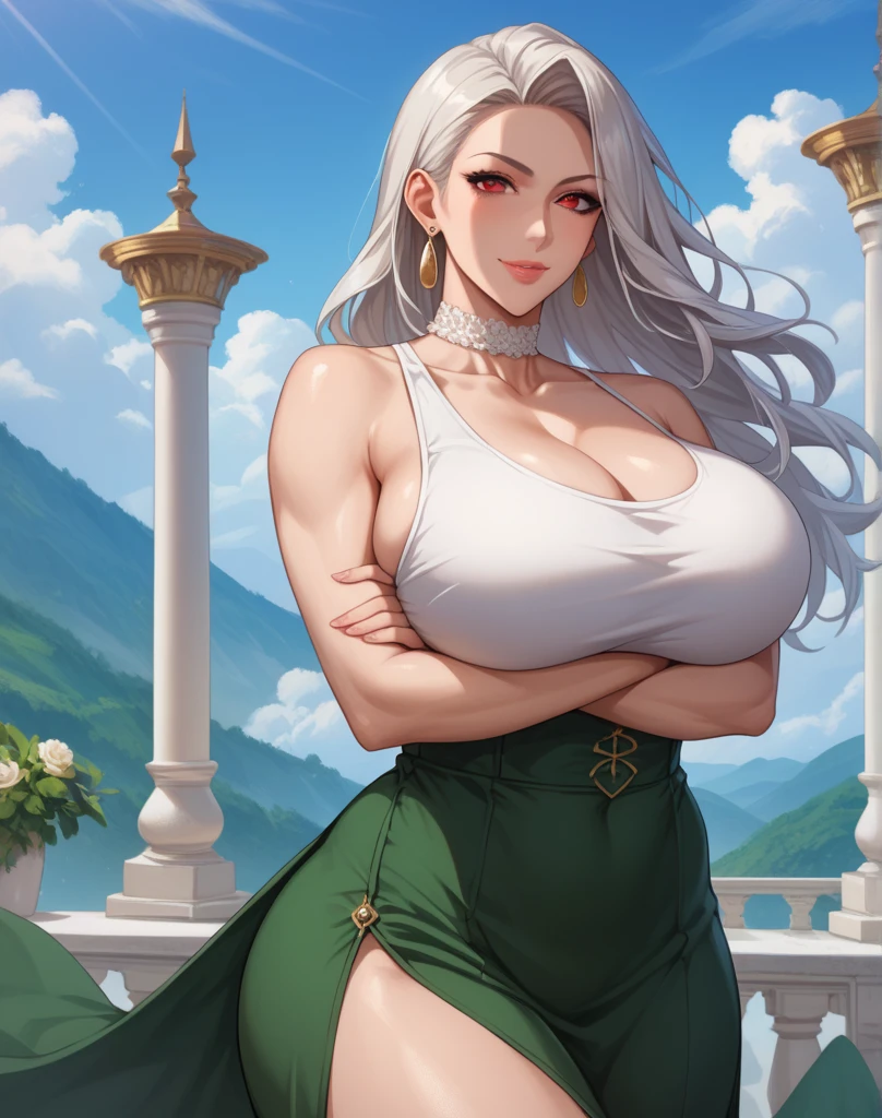 (masterpiece: 1.2), (best quality: 1.2) 1woman, mature, tall, about 28 years old, silver hair, straight hair, hair with curled ends, hair in a bun, ponytail, eyes light blue, long eyelashes, anime style, perfect face, full lips, smile, mature, large bust, perky bust, clear skin, natural body, sexy body, milf body, wearing a fitness top blouse, long pants, fitness style, wet cloth, thick thighs, wide hips, looking at the viewer, background setting, setting in an ancient castle, supernatural castle, posing facing alone.