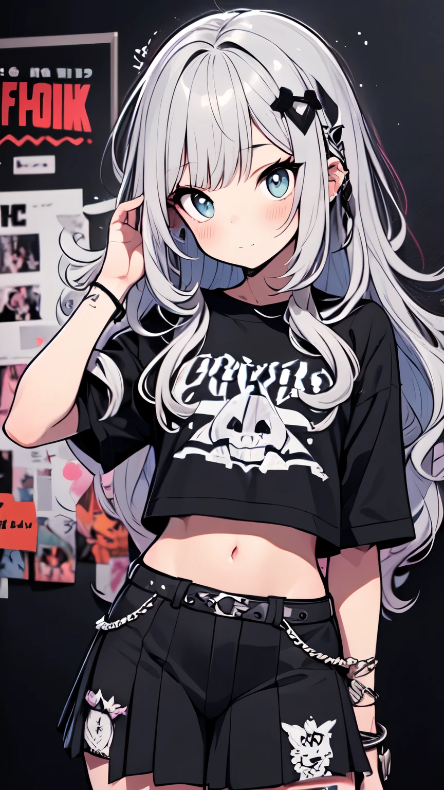 Meisterwerk, best quality, 1 girl, Allein, bauchfreies Top, Jeans-Shorts, Halsband, (Graffiti:1.5), Farbspritzer, Arms behind the back, gegen die Wand, Betrachter betrachten, armband, Oberschenkelgurt, Color on the body, Kopfneigung, gelangweilt, mehrfarbige Haare, Aqua Augen, Headset,