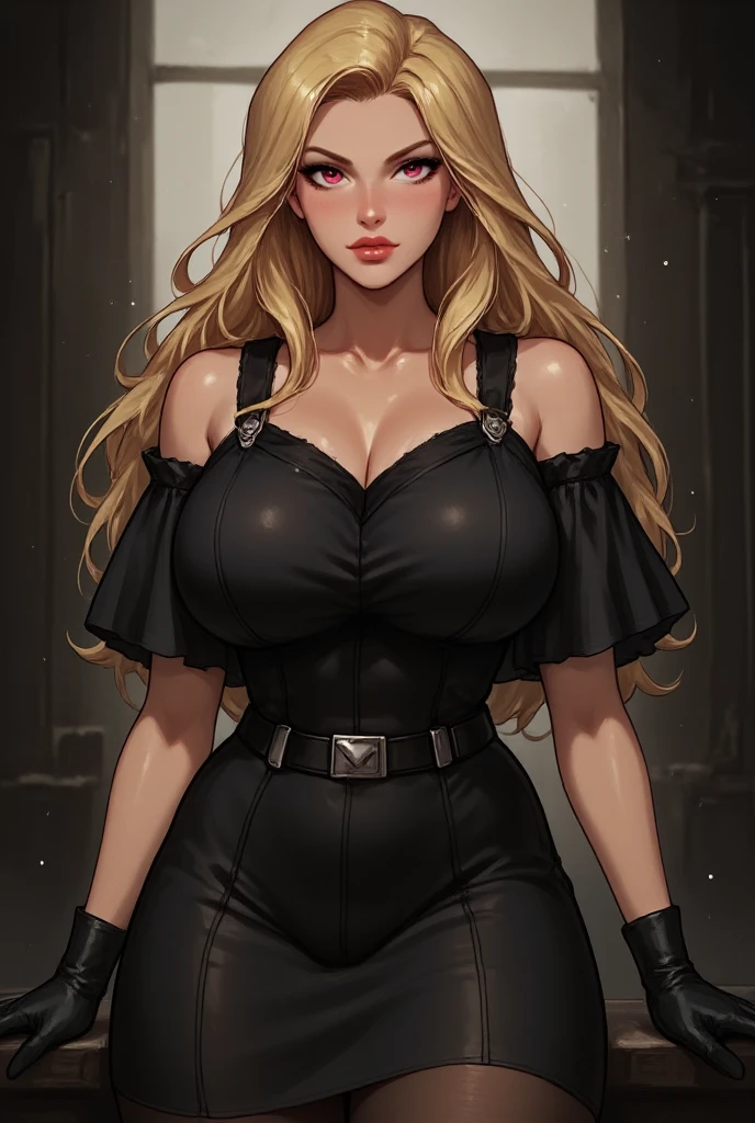 ((masterpiece)), ((best quality)), 1girl, adult, long hair, ((blonde hair)), very long blonde hair, ((intimidant look)), ((close-up)), profile image, green eyes, black and red clothes, sexy, dark colors, brillant eyes, ((coat with fur)), ((wavy hair)), exposed skin, ((sexy pose)), ((intimidant look)), good anatomy, ((dark sage clothes)), ((straight cut bangs)), emotionless, intimidant, ((beautiful eyes)), dark background, close up, ((detailed eyes)), beautiful eyes, ((detailed face)), hair bang, frontal look, evil, relaxed, smile, magical goddess othinus, detailed face, eyepatch, full body, ((detailed))