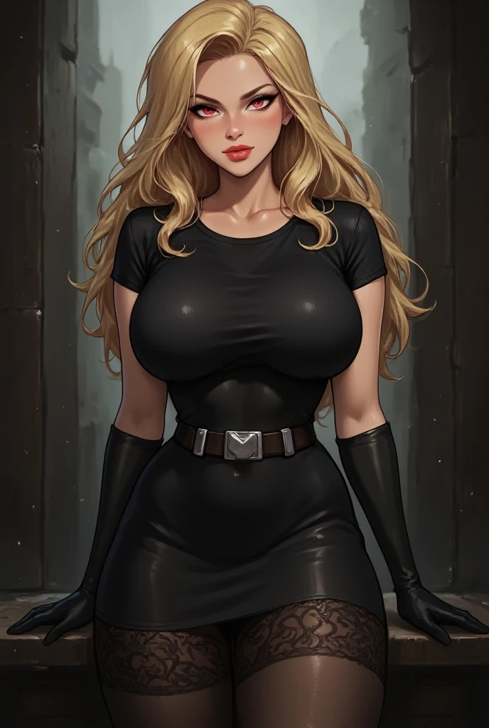 "(best quality,8k,highres),beautiful blonde woman,wearing a black latex micro dress and taupe tights,posing against a neutral background,tapping her fingers against a glass surface,subtle studio lighting,vivid colors,smooth skin,sharp focus,extremely detailed eyes and lips,slightly tousled hair"