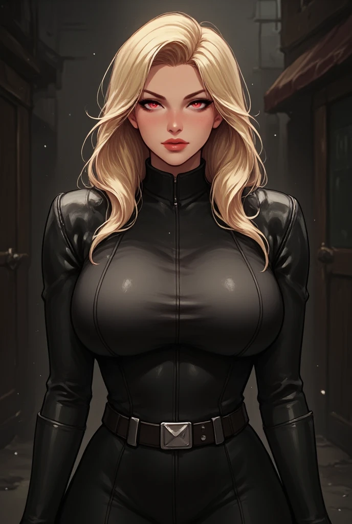 (masterpiece), (best quality), (detailed), woman, curvy, large breasts, long blonde hair, white shirt with black bra under it, black jacket, blue eyes, black leather pants, black sneakers, alley, night, from the top above:1.2