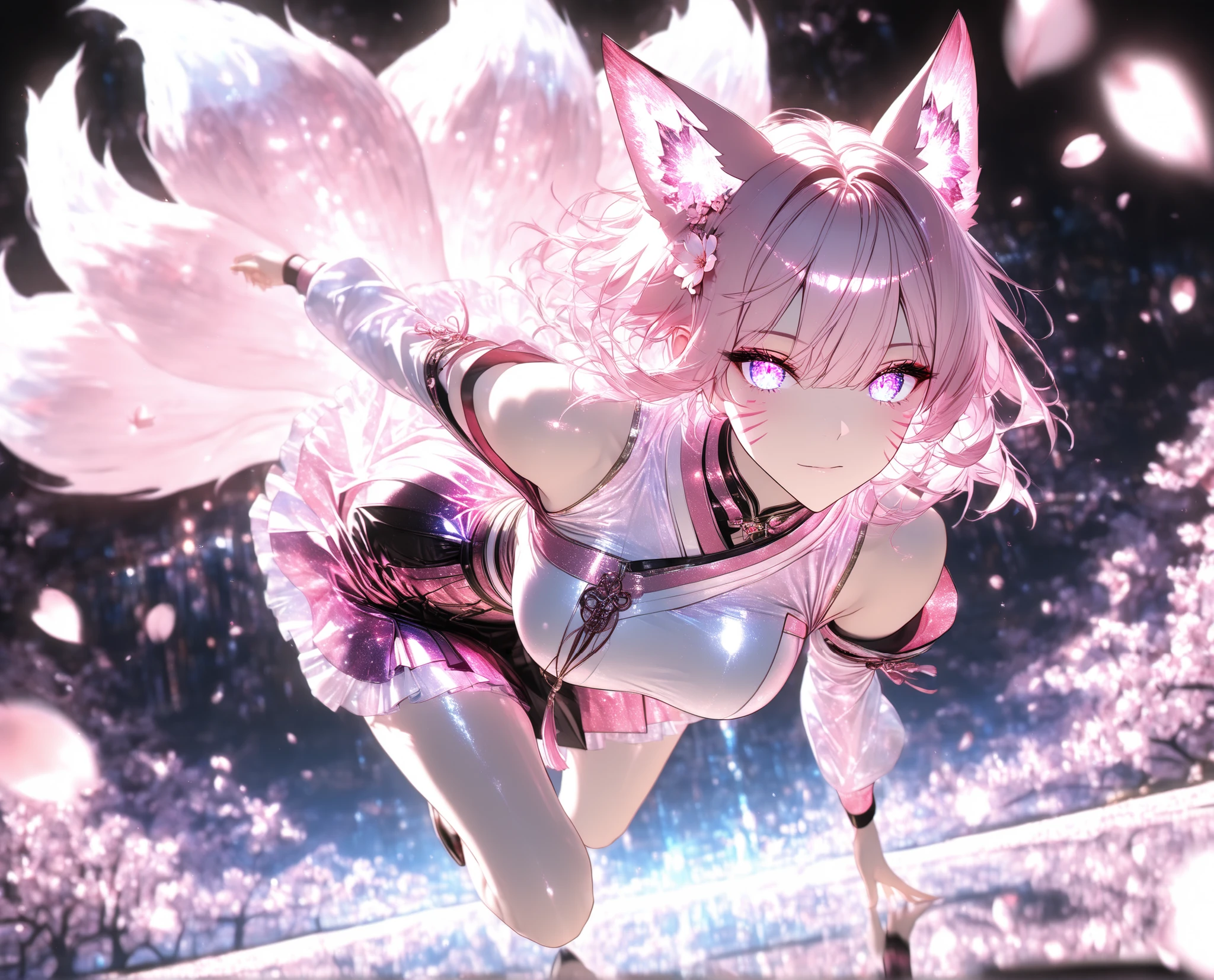 1 girl, violet eyes, light pink hair, short hair, cool, beautiful, medium breast, very cute, lovely, kawaii, 
Solo, full Body, (dynamic angle),  hazy lights, subdued lighting, blurred figures, dark background , Sakura, (cherry blossoms), detailled dress, short dress, perfect face,  beautiful eyes, focus face, (4k,8k,Ultra HD),(Masterpiece:1.2),(Best quality:1.2),(Detailed:1.5),(Scenery),highly detailed,ultra-sharp,8K resolution,character focus,depth of field,(glowing particles),reflection,(Sharp Focus),contrast,(glittered fabric), pink theme, pink and white, vibrant, energetic,(clear lines) , dark outlines,(bold outline) (aesthetic pose),  (pink and white clothes) , fox ears, fox tail, multiple fox tails, nine fox tails, red korean clothes, long sleeves, detached sleeves, bare shoulders, whisker markings,  (dynamic pose) , cinematic lighting , cinematic angle, soft light , color detail, backlighting, Depth of field, long exposure, light steps,  intricate colors, vibrant colors,, Detailed,Slight blur, soft lips, soft makeup