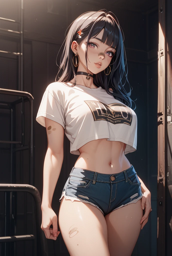(Hinata Hyuga, very sensual, in a funk girl outfit, Brazilian, from Rio, dancing funk, wiggling, big ass, thick legs, wearing short denim shorts, wearing a mini blouse, pierced navel, Nike sneakers, big hair, speaker behind, very realistic, extremely sexy, 8k, 8k extremely detailed), (an extremely delicate and beautiful masterpiece), (best quality: 1.0), (ultra high resolution: 1.0)