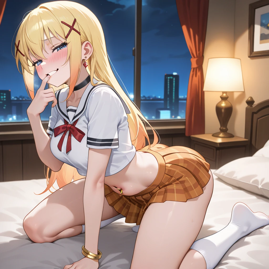 masterpiece, best quality, highres, kitagawa marin, 1girl, blonde hair, long hair, multicolored hair, red eyes, jewelry, earrings, piercing, school uniform, white shirt, tied shirt, black choker, blue necktie, plaid skirt, grin, smile, standing, cowboy shot, outdoors, 32K, 8K, (In the chest:1.2), Arms above the head, ((Opening legs)), ​masterpiece, Gorgeous lace string underwear in dark blue、((T-back panties that dig into the crotch))、Japan idle, Wide waist, ((open one's legs)), (Sloppily open your mouth), （Open both eyes wide), sweaty and shiny skin, Brown hair, poneyTail、Look at viewers , full body Esbian、perfect bodies、Luxury hotel lounges、kitagawa marin, 1girl, blonde hair, long hair, multicolored hair, red eyes, jewelry, necklace, choker, black bikini, floral print, bracelet, side-tie bikini bottom, In the tent at night, close your eyes, yawn, cleavage, night, big, middle school uniform, lace underwear, junior high school student with too big, 16 years old, blush: 1.5), (sweaty: 1.4), sagging milk, soft, sweat, short hair, girl masturbation, show panties, huge, open legs,