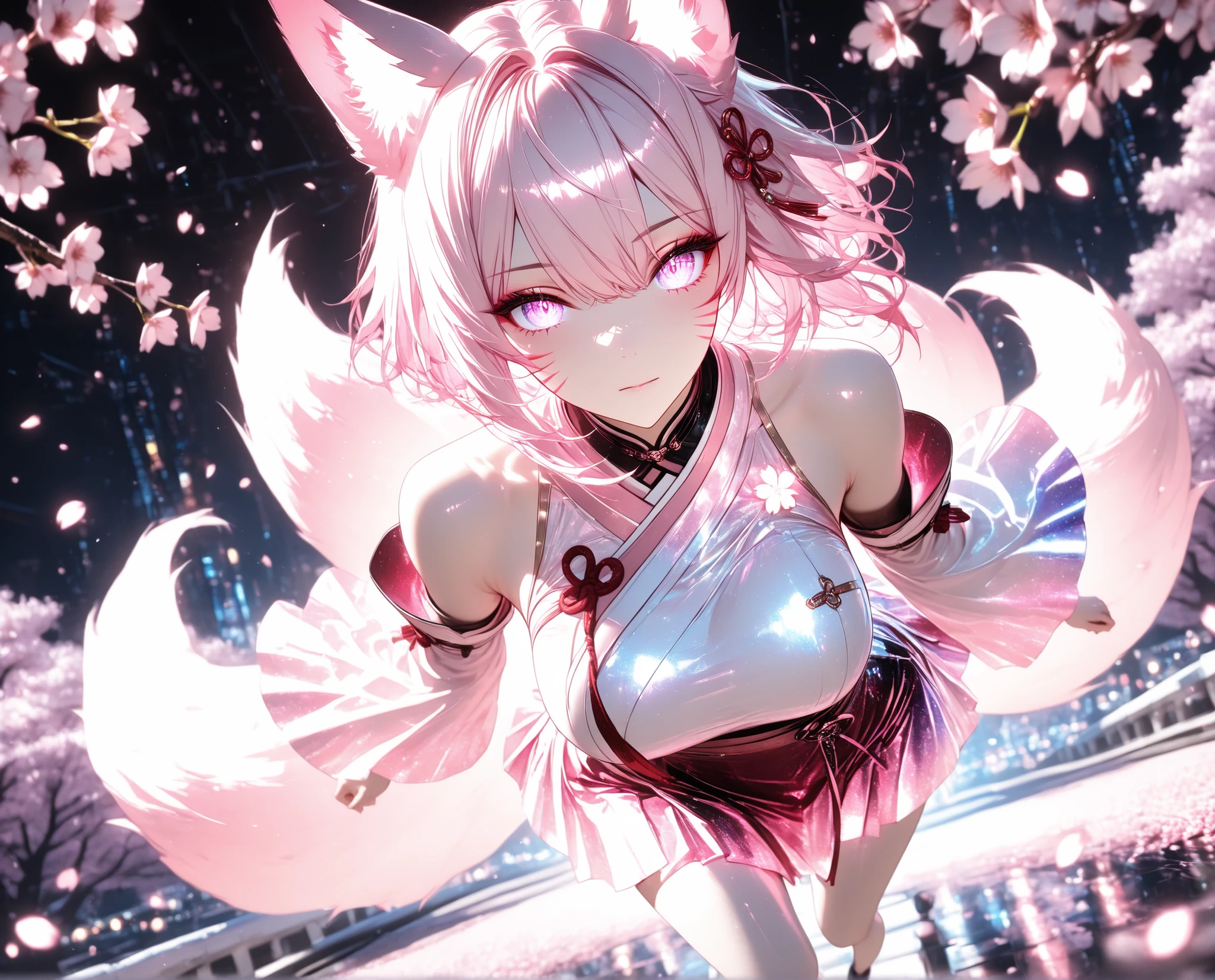 1 girl, violet eyes, light pink hair, short hair, cool, beautiful, medium breast, very cute, lovely, kawaii,
Solo, full Body, (dynamic angle), hazy lights, subdued lighting, blurred figures, dark background , Sakura, (cherry blossoms), detailled dress, short dress, perfect face, beautiful eyes, focus face, (4k,8k,Ultra HD),(Masterpiece:1.2),(Best quality:1.2),(Detailed:1.5),(Scenery),highly detailed,ultra-sharp,8K resolution,character focus,depth of field,(glowing particles),reflection,(Sharp Focus),contrast,(glittered fabric), pink theme, pink and white, vibrant, energetic,(clear lines) , dark outlines,(bold outline) (aesthetic pose), (pink and white clothes) , fox ears, fox tail, multiple fox tails, nine fox tails, red korean clothes, long sleeves, detached sleeves, bare shoulders, whisker markings, (dynamic pose) , cinematic lighting , cinematic angle, soft light , color detail, backlighting, Depth of field, long exposure, light steps, intricate colors, vibrant colors,, Detailed,Slight blur, soft lips, soft makeup