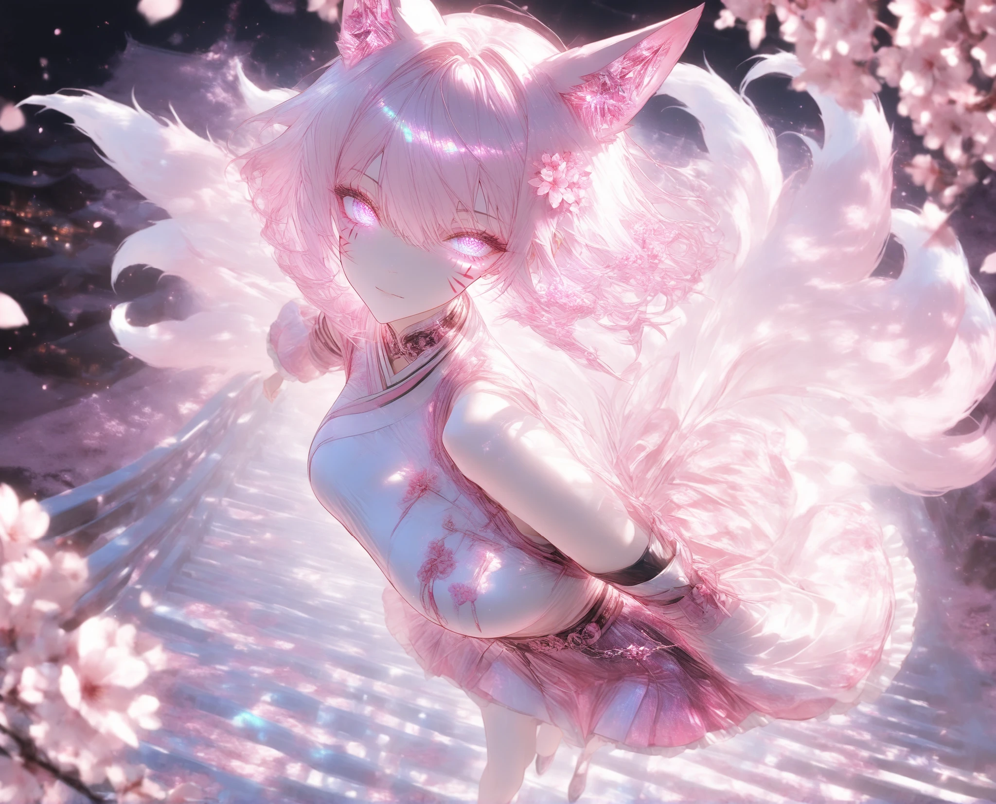 1 girl, violet eyes, light pink hair, short hair, cool, beautiful, medium breast, very cute, lovely, kawaii,
Solo, full Body, (dynamic angle), hazy lights, subdued lighting, blurred figures, dark background , Sakura, (cherry blossoms), detailled dress, short dress, perfect face, beautiful eyes, focus face, (4k,8k,Ultra HD),(Masterpiece:1.2),(Best quality:1.2),(Detailed:1.5),(Scenery),highly detailed,ultra-sharp,8K resolution,character focus,depth of field,(glowing particles),reflection,(Sharp Focus),contrast,(glittered fabric), pink theme, pink and white, vibrant, energetic,(clear lines) , dark outlines,(bold outline) (aesthetic pose), (pink and white clothes) , fox ears, fox tail, multiple fox tails, nine fox tails, red korean clothes, long sleeves, detached sleeves, bare shoulders, whisker markings, (dynamic pose) , cinematic lighting , cinematic angle, soft light , color detail, backlighting, Depth of field, long exposure, light steps, intricate colors, vibrant colors,, Detailed,Slight blur, soft lips, soft makeup