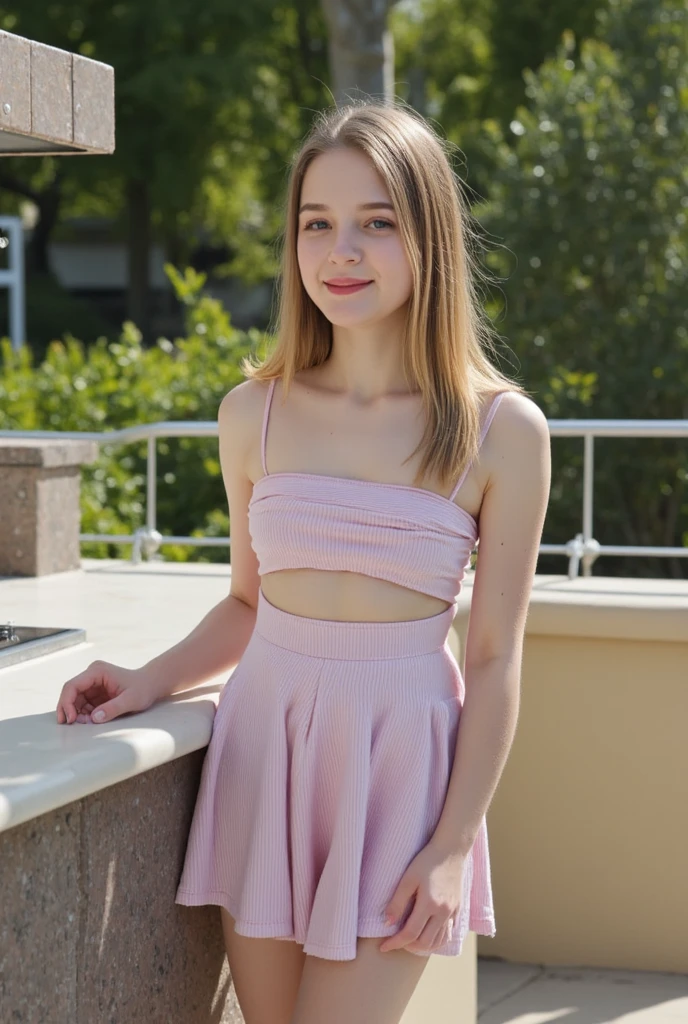dutch girl, mini skirt, cut blouse, Revealing clothing, blue eyes, pretty face, sexy, naughty, Skinny body, medium breasts, areola visible, tanga visible, whole body, flirting with the camera, biting your lip, in the background a nice fountain