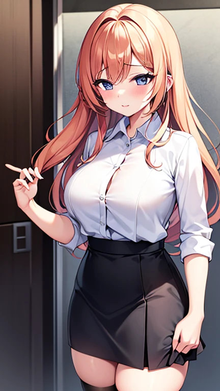 masterpiece, best quality, SimplePositiveXLv2, yuuki asuna, 1girl, solo, long hair, breasts, large breast, curvy, shirt, crop shirt, bra, open button, skirt, pencil skirt, pantyhose, office lady, navel, cleavage