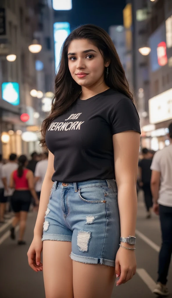 (Extreme Wide Shot:1.3),(street art:1.5),(Beautiful huge breasts:1.5),(Slim waist:1.3),(T-shirt:1.5), necklace,Earrings,highest quality,(((masterpiece))),8k,Photorealistic,thai women:1.5,(Thin eyebrows),(smile:1.3),