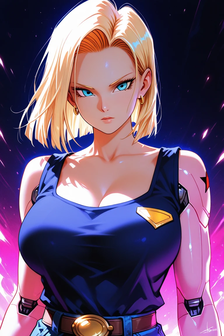 solo, 1 girl, Android 18, full body, attractive figure, big boobs, cleavage, belly button, vibrant colors, defined lines, high-quality