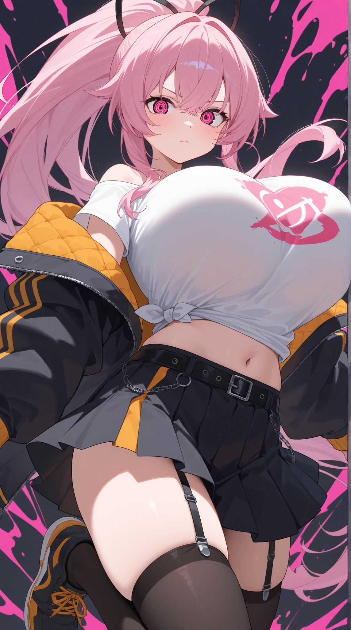 1 girl smiling, golden eyes, pink and black hair, short bob cut hair, large breasts, underboob, under chest, thick thighs, chubby, crouched, crop top, cropped hoodie underboob, mini skirt, thigh socks, glasses, choker, forest bottom