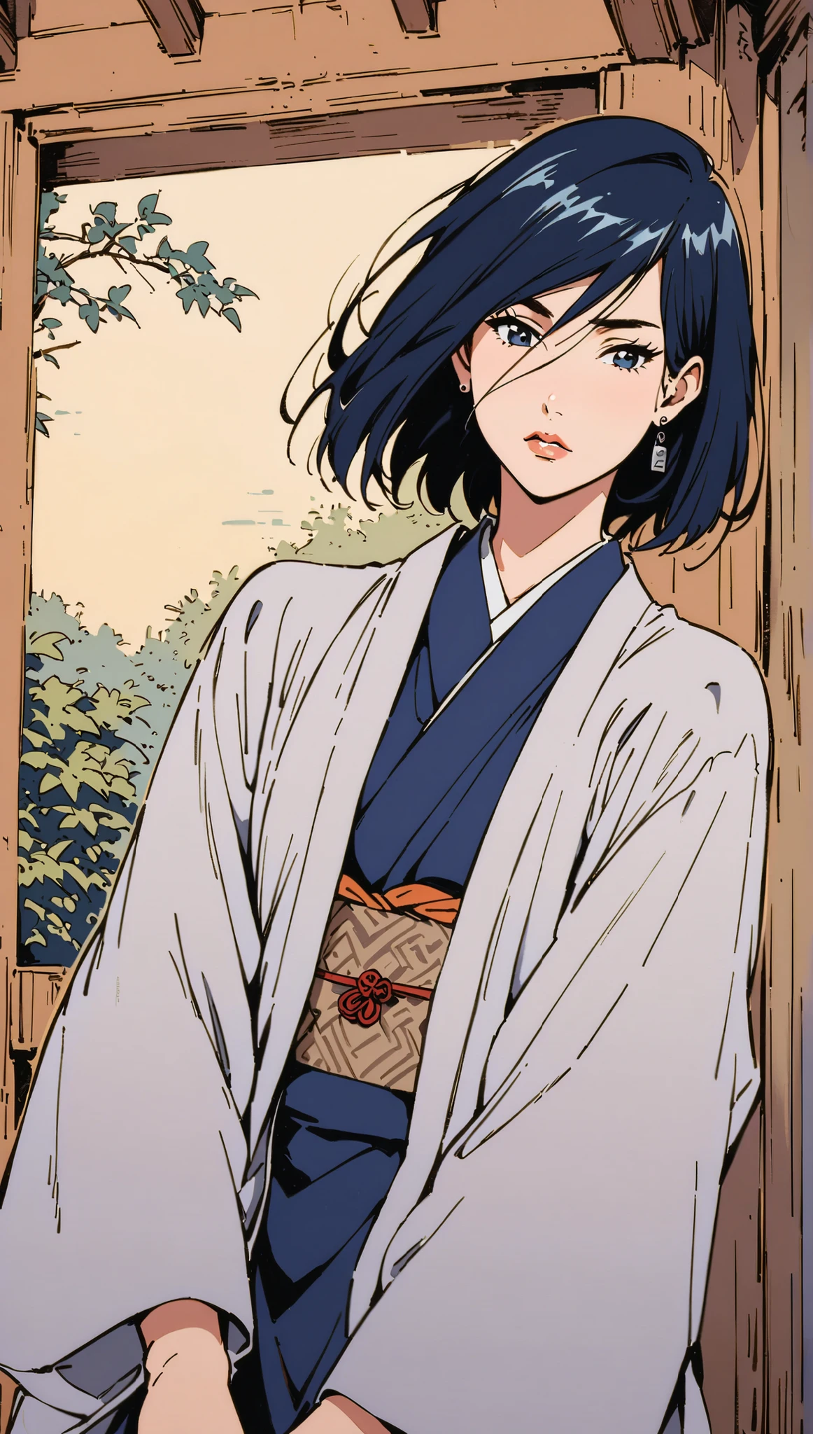 vintage movie, girl, short hair, ((navy hair)), hair between her eyes, straight hair, woman body, cute earrings, ((dressed like hyuuga neji from naruto)), dutch angle, hyuga clan, shinobi village, konohagakure, (((perfect lips))), perfect hair, looking down, shy, melancholic, ((young)), ((19 years old)), shonen style,, ((solo girl)), straight spine, noble posture, conveys shyness, japanese spring, spring kimono
