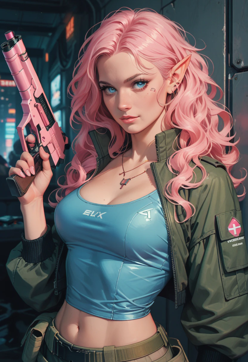 un primer plano de una muJer vestida de rosa sosteniendo dos armas, Blonde, oJos auzles, triangle face, Huge weapons, very big tits, zenoscope, J. Scott Campbell, J Scott Campbell, Jamie mckelvie comic art, Black Canary, germ of art Greg rutkowski _ Greg, Chris Moore. germ of art, beautiful comic art, germ of art and J. dickensson, germ of art comic