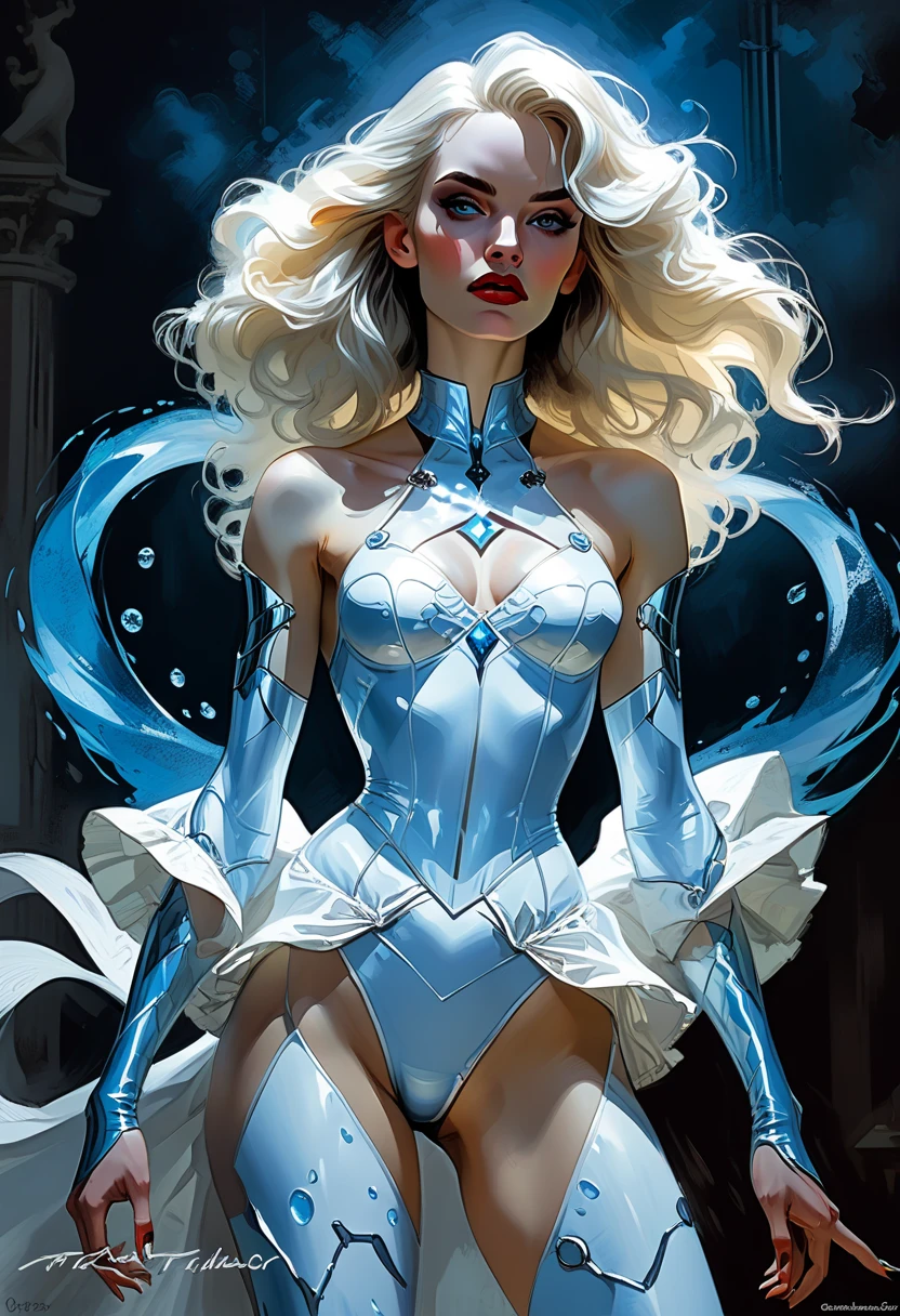 a fantasy epic illustration (Julie Bell Elmore style: 1.5)) of a drow elf thief holding a large diamond in a vault, a female drow  elf thief, full body, (small pointy ears), dynamic hair color, dynamic hair style,  ultra detailed face, wearing white leather leotard, white leather pants, busty, small cleavage, high heel boots, she is happy for reaching her goal, success, holding a large sized (red diamond: 1.3), brilliant diamond, many facets, many colors diamond, fantasy safe vault background, torchlight, vibrant, Ultra-high resolution, High Contrast, (masterpiece:1.5), highest quality, Best aesthetics), best details, best quality, highres, 16k, [ultra detailed], masterpiece, best quality, (extremely detailed) RAW, (ultra details, Masterpiece, best quality), diamondWM, Cinematic Shot