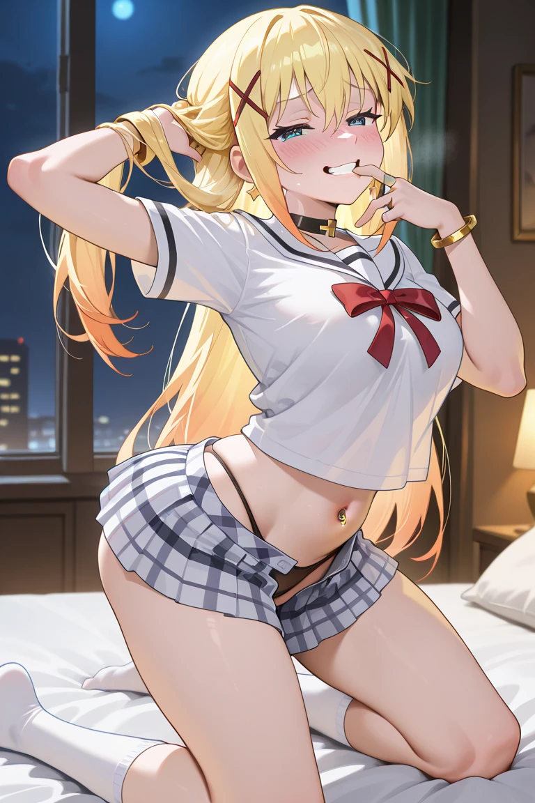 1 woman, skirts, (show off g-string detailed pantie), (hands skirt lift), from front, cowboy shot, BREAK annoyed,shoot from below,blonde hair , thick bluish eyeshadow, thin eyebrows, thick black eyeliner, Highlighted eyes with eyeliner, false eyelashes,,(tanned skin:1.2),