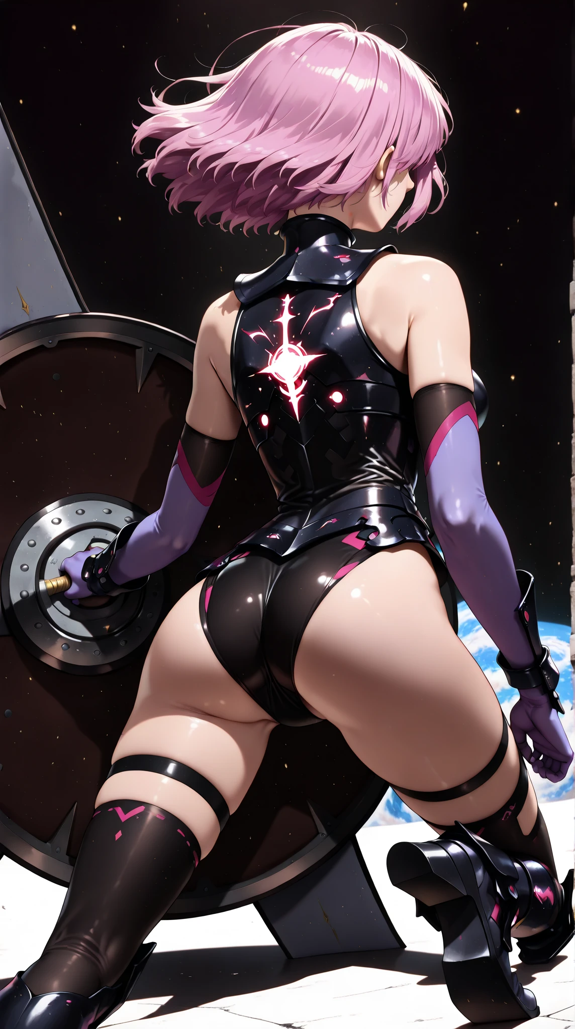 (Ultra flat, Flat Shading), Honors Type, Really blushing, 17years old, high school girl, Wearing a long sleeve shirt and a checkered pleated mini skirt, Short bob cut brown hair, Glasses, Sweaty healthy body, ((cyber punk))(SF body suit,sci-fi headgear,high heel long boots)Mesgaquismiles, ((Very, very big butt))((Panties are visible))((lace lingerie,Shiny satin pink panties))((full back panties))(from behind)(ass focus)((from below)), Ultra-realistic, early morning, Breeze Skirt Lift, (Spread your legs:1.0), (squat)(You can see her small cheeks and pubic hair sticking out of her panties)