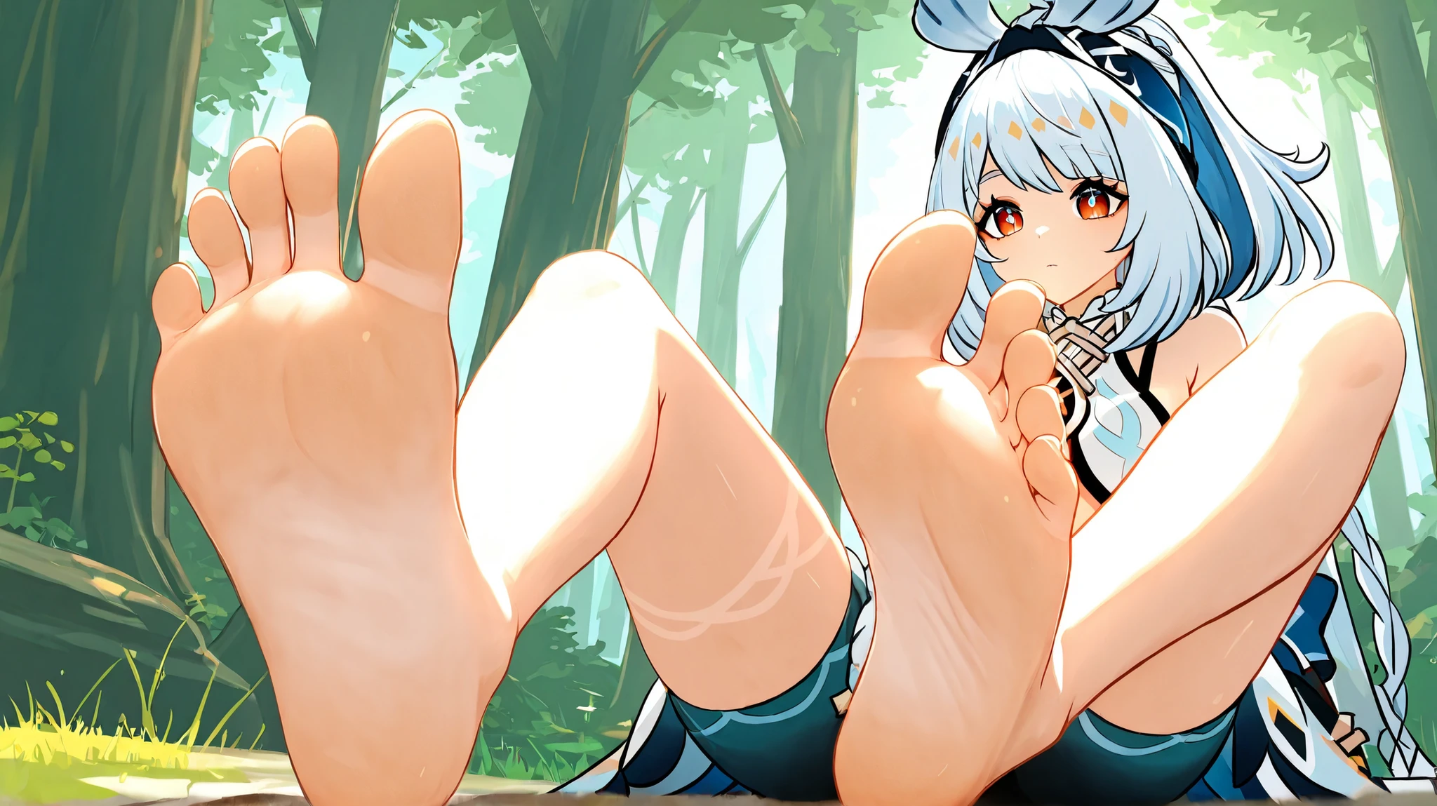1 girl only, original, from the video game Genshin Impact, forest with its characteristic clothing, shows your bare feet, only his feet, (Focus on your anatomically correct feet)