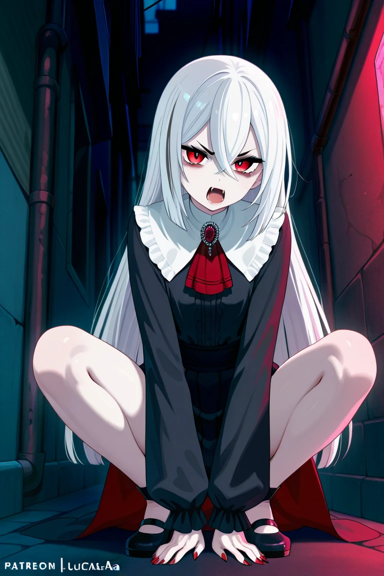 "(best quality,4k,highres:1.2),vivid colors,ultra-detailed,comic style,portrait,front view,angry,sad,desperate expression,blood stains on face and body,teary eyes,blood splatter on the wall,circular spotlight on the wall,gray fluffy hair down to waist,crouching, Knees inward and together, wearing a dark gray coat, white sailor uniform, red cloth triangle scarf, black stockings"