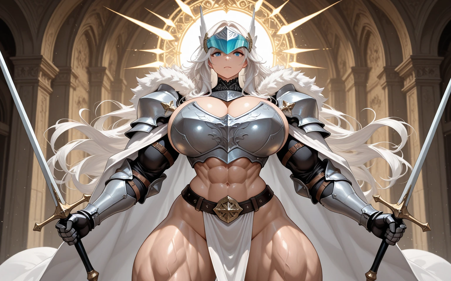 extremely long hair , ponytail, perfect anatomy 1 girl tall solo, slim thick, ((muscular)) high elf toned body, silver breast plate, blue cape, slendered abs, hourglass waist, detailed face, defined cheekbones, puffy lips, gauntlets, gold crown, shadow over eyes, looking at viewer, masterpiece, white thigh highs lingerie,