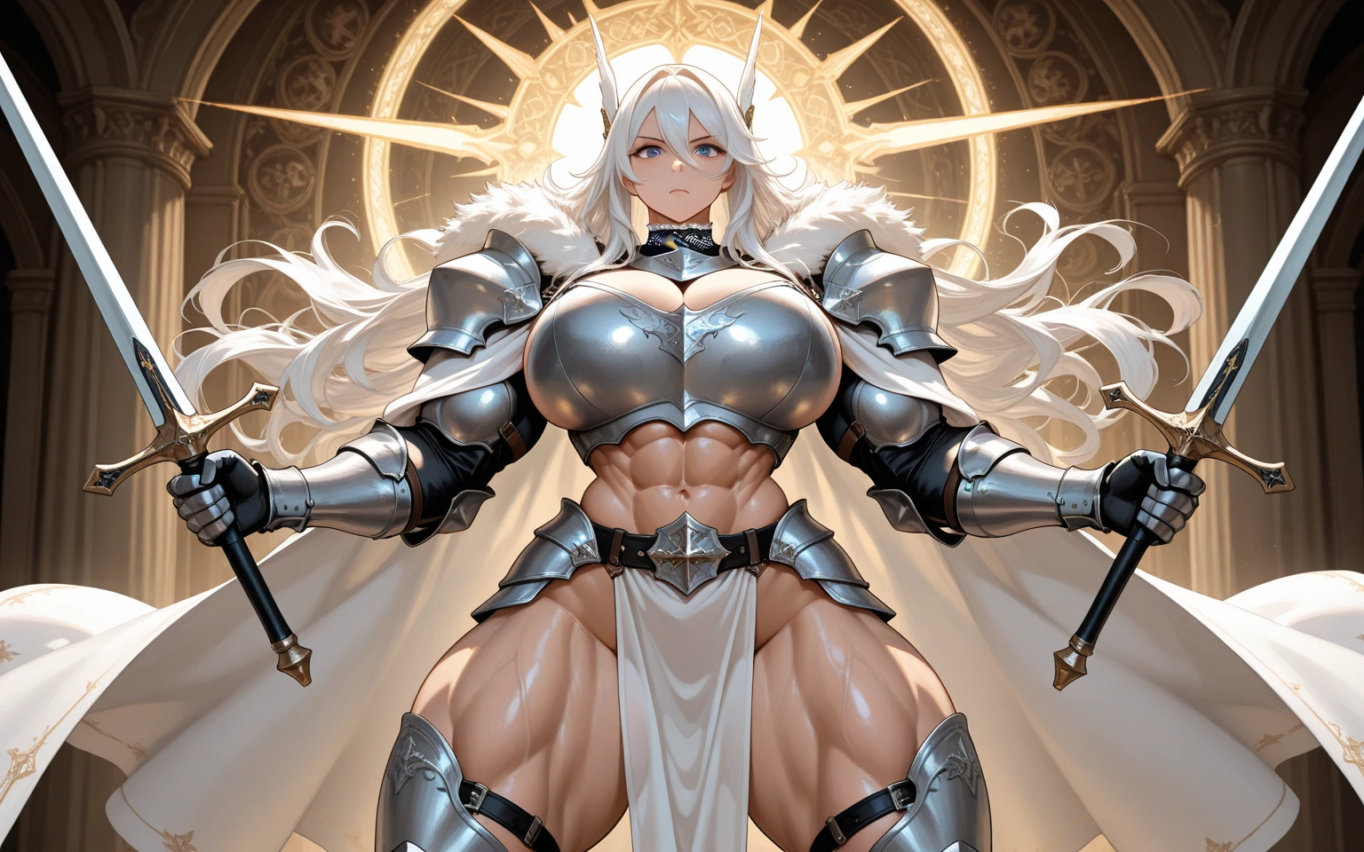 ((((Massive beautiful, buff, light brown skinned muscular woman with white hair, ginormous bulky muscles and clad in full gleaming white knight armor with and tight pants)))), close view, large breast, vascular, massive muscle, massive biceps, hyper muscle shoulders, vascular shoulders, hyper muscle triceps, (long straight hair), blue eyes, (knight boots), determined look, (in a castle in heaven), snowfall, Vascular arms, hyper muscles arms, hyper muscle legs, massive buff arms.