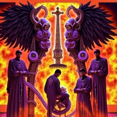 A satanic sect of twelve individuals, reunidos no ambiente mal iluminado e obscuro, pay homage to an imposing statue of Satan. the number, Bathed in darkness, looms over them with its intricately carved features, as the group bows their heads in prayer. Cada membro, dressed in robes of various shades of dark tones, revela seus rostos enquanto cantam frases antigas, the pentagram symbol displayed prominently between them, symbolizing his unwavering loyalty to the Dark Lord. Your worship, shrouded in secrecy and mystery, se desenrola neste quadro arrepiante, a testament to your devotion and commitment.