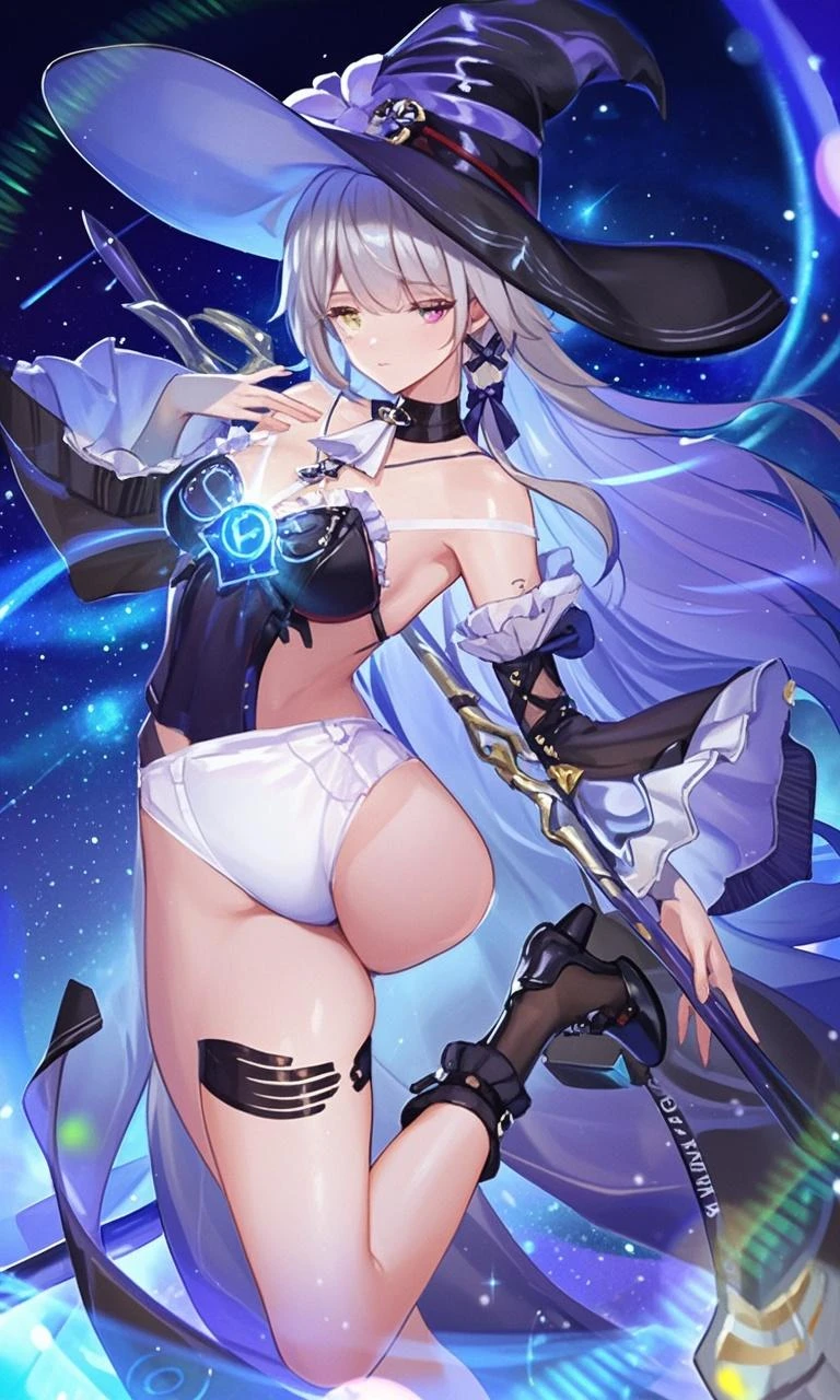 Anime ,Chica de piel clara , cabello blanco ,ojo izquierdo negro , ojo derecho azul con iris de estrella con forma almendrada,cuerno izquierdo blanco y cuerno derecho negro, punto de vista torso para arriba