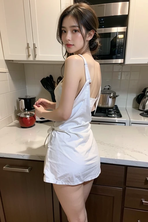 best quality,masterpiece,ultra high resolution, (realistic:1.4), girl, (firm breasts:1.2), (slim face:1.2, small waist, thin legs), attractiveness, look at each other, dynamic shot, (Metal necklace) , (forehead), blue eyes, laugh, hour glass body figure, ((naked apron, lace apron))、very long eyelashes, ((Skyscraper District)), (nipple:-1), Retail ban、Shooting from the side、slim face、slim face, kitchen background, exposed ass, seductive ass