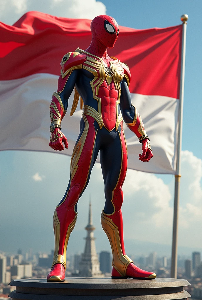 ultra realistic 3d animation wiro sableng dressed in spiderman complete with red black yellow gold clothing respectfully facing the red and white flag fluttering in the background at the top of the mountain image focus object