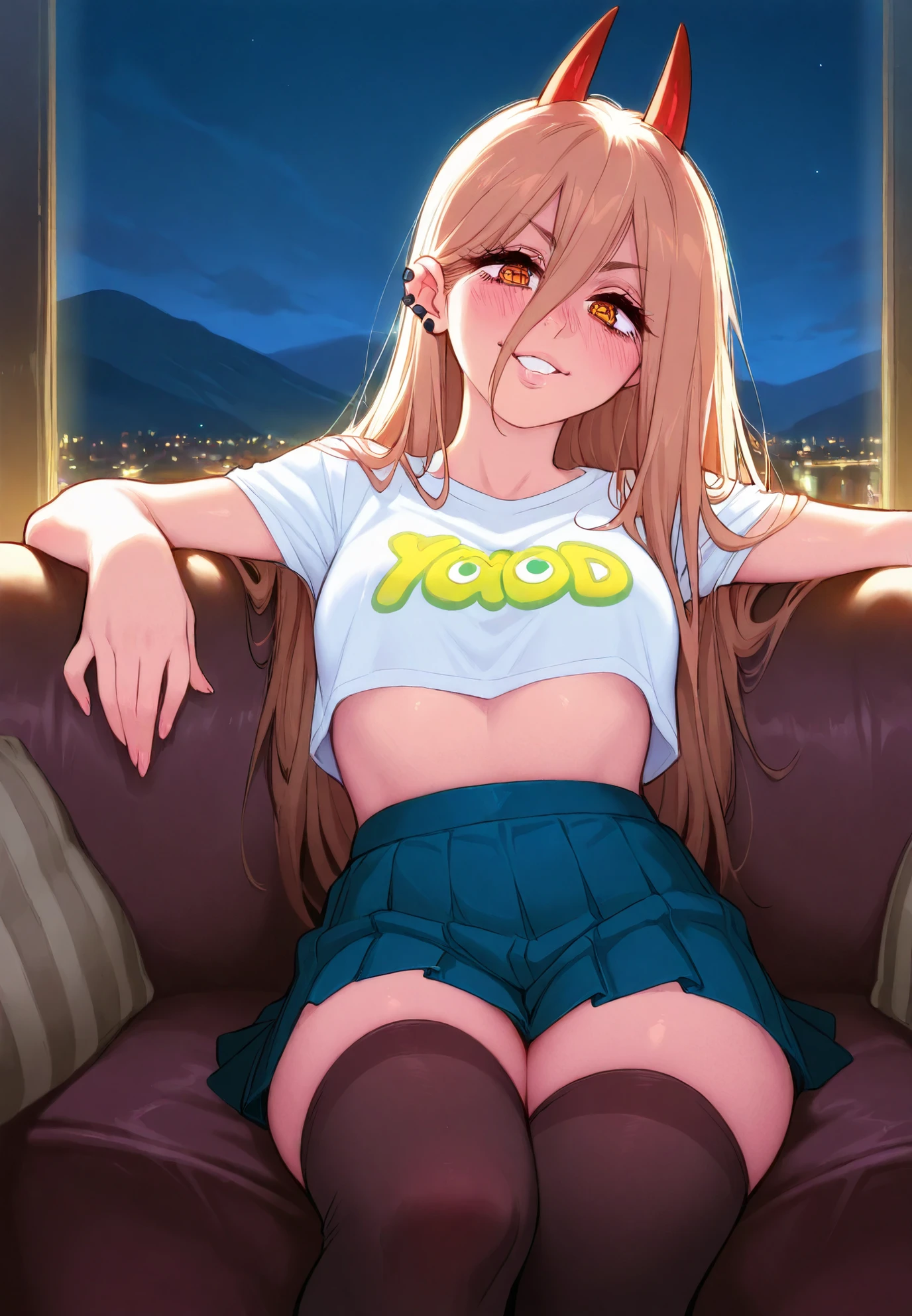 1girl, Power /(Chainsaw Man)/, artist: Melkor Mancin, crop top, piercings, thigh highs, skirt, sitting on a couch,sexy pose, alluring atmosphere, night time, mountain cottage, cinematic lighting, masterpiece,top quality,warm color,high resolution,high fashion,absurdres extremely,vivid colors,intricate details,best quality,amazing quality,very aesthetic,newest,ultra-detailed,nsfw