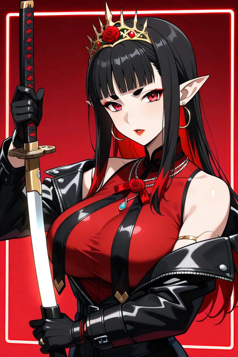 best quality, masterpiece, highres, solo, {vipere_birdiewinggolfgirlsstory:1.15}, black_hair, jewelry, makeup, red_eyes, open_mouth, long_hair, lipstick, necklace, bangs, earrings, blunt_bangs, multicolored_hair, breasts, 1girl, red_hair, two-tone_hair, fangs, parody, fang, vampire