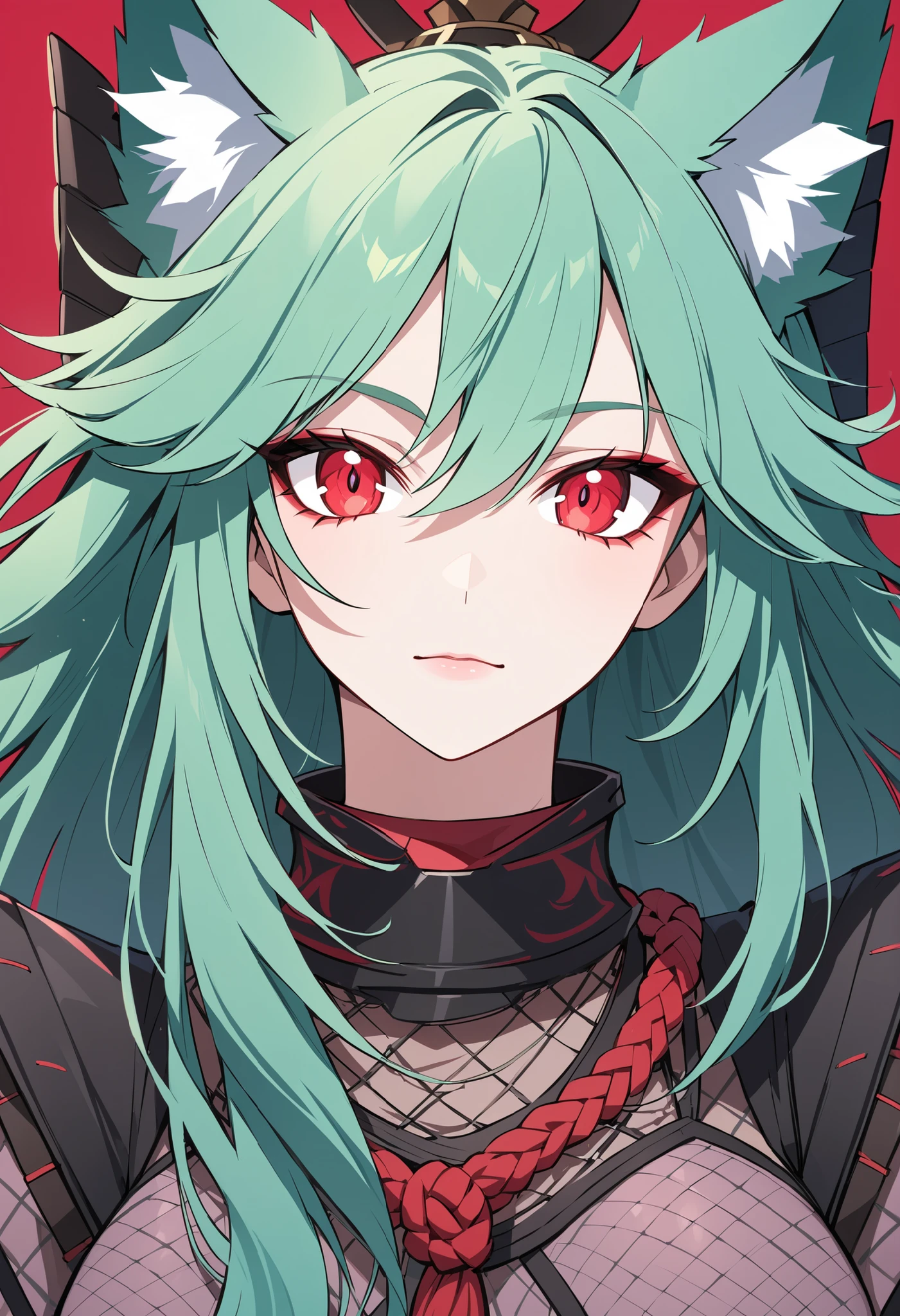 cartoon characters, Full Body, portrait, green wolf , I'm wearing a crimson chain, purple fishnet tights , Wear wooden clogs on your toes, with clear red eyes give off an attractive glow, High resolution combative adult female samurai,