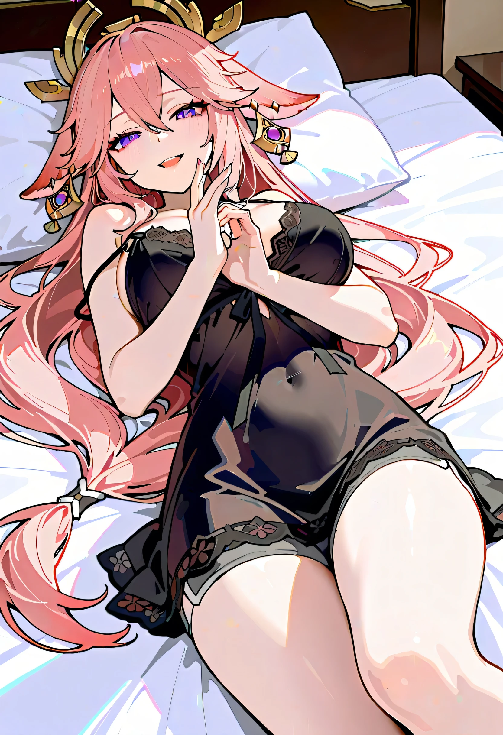 extremely detailed, masterpiece, best quality, absurdres, 1girl, (large breasts),slim, slender, prim_kuroinu, tiara, princess dress, tiara,half body, on bed, on back, pink Hair, exposed belly