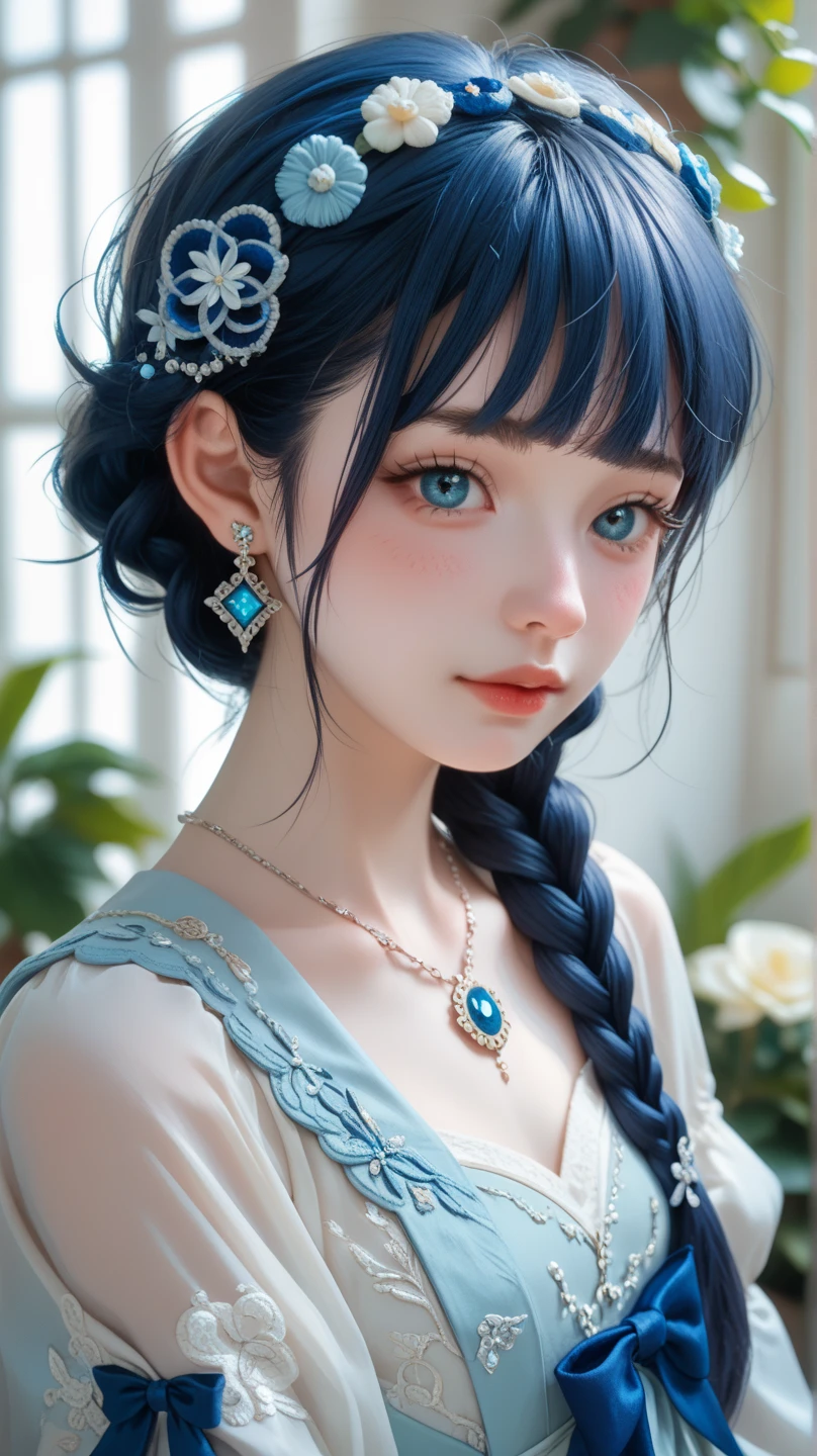 (masterpiece:1.2, Highest quality), (Realistic, photoRealistic:1.4), Ultimate beauty、mature, (Intricate details), unity 8k wallpaper, Super detailed, beautifully、aesthetic, Perfect lighting, (One girl), (Blue Hair, blue eye, Medium chest),, Dynamic pose, Dynamic Angle, lipstick, slim, slim body, Medium chest, , Detailed Background, Realistic, alone, Face in perfect detail, detailed eye, Very detailed, blush, hair ornaments, rolling_eye, squint,beautiful girl、Baby Face、カメラeye線、Looking at the front、Bust up shot