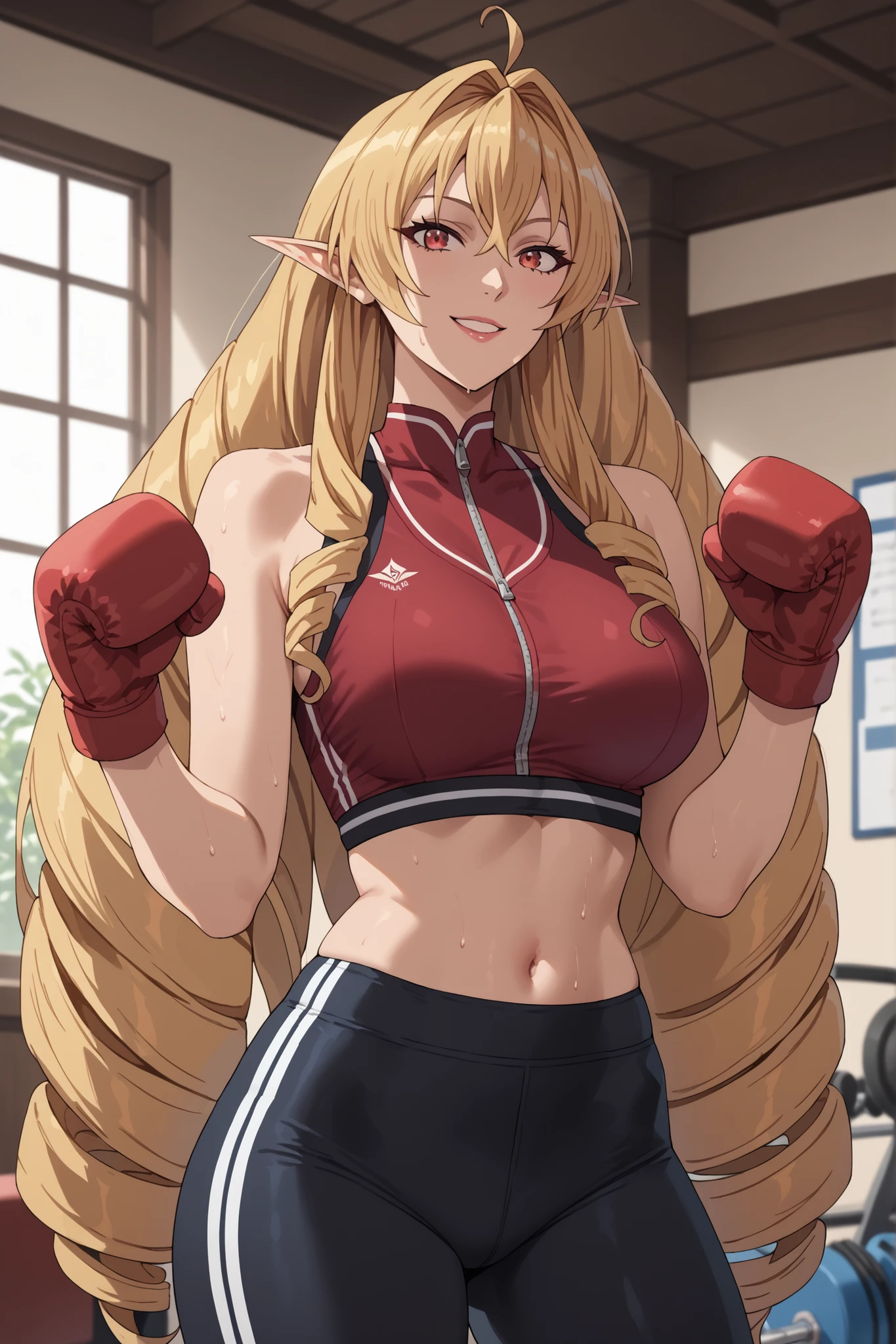 score_9, score_8_up, score_7_up, source_anime, elinalisedragonroad, 1girl, mature female, elinalise dragonroad, long hair, blonde hair, very long hair, ahoge, pointy ears, drill hair, red eyes, naughty smile, sexy suit, sports bra, yoga leggings, boxing gloves, indoors, sweating ,curvy figure, gorgeous woman,