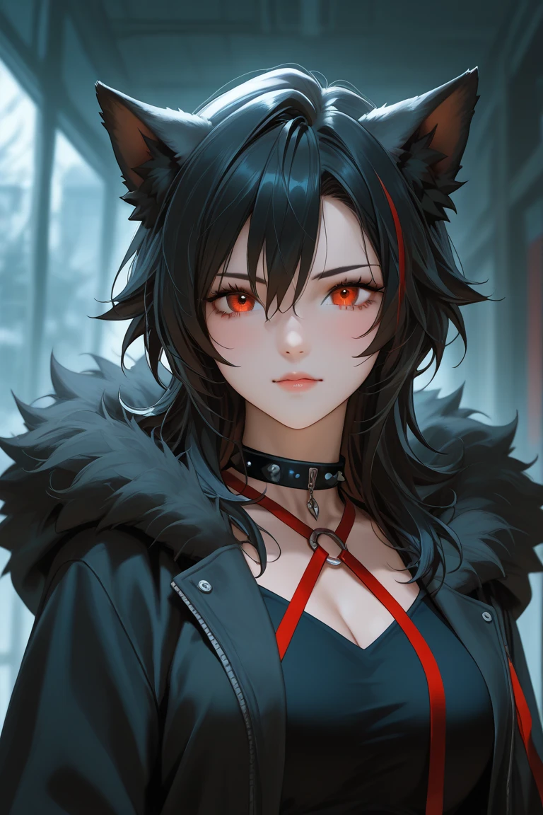 Gnoll woman, woman, gray eyes, black fur, spike collar, Gnoll woman, big , big tighs, 4k, hd, pretty face, messy hair, menacing, acurrate eyes, sharp pupils, scary look, sword, (human head), (Mohican), (tribal clothing), exposed belly, (red hair), (hyena ears), long hair
