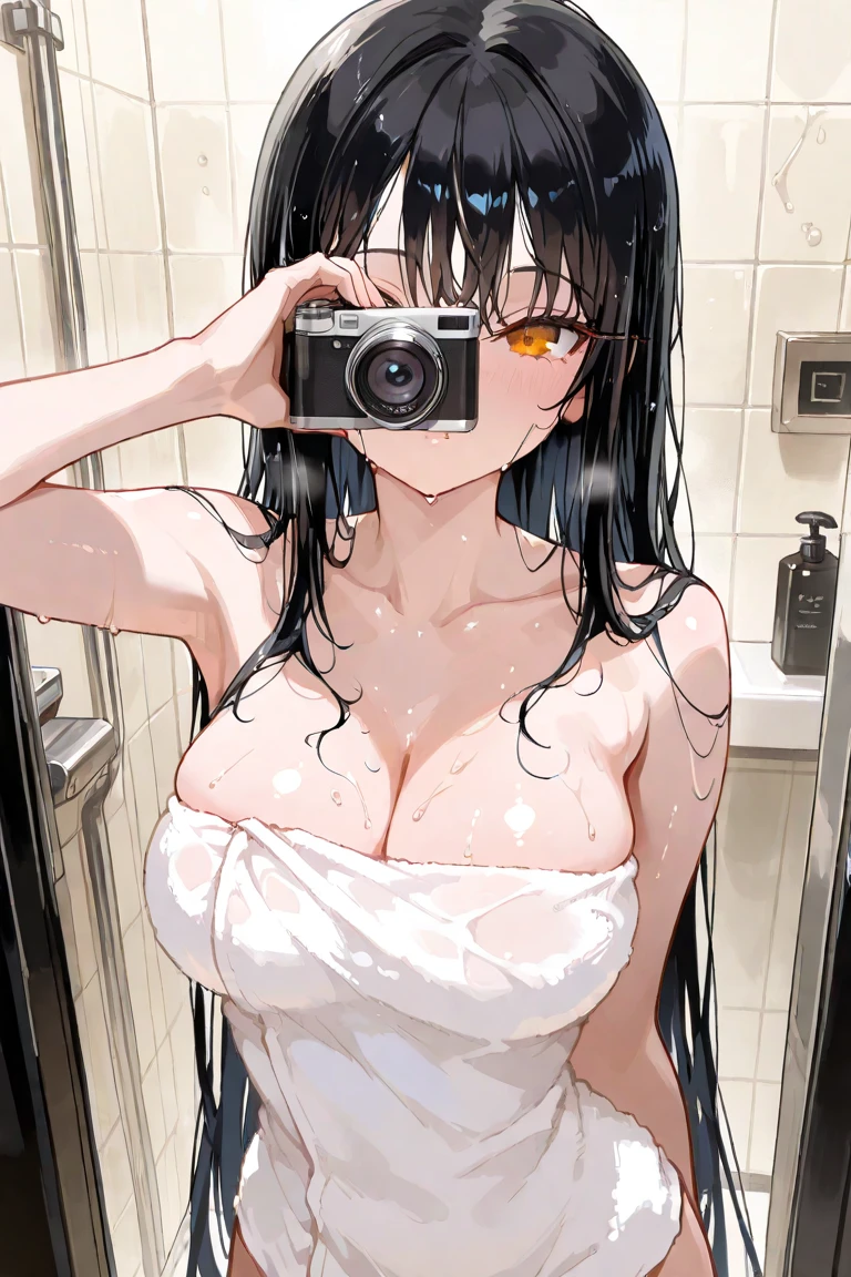 Highest quality,masterpiece,Nipples,JK,Selfie taken with smartphone,Simple,Completely naked,Black Hair,Bathroom,pubic hair