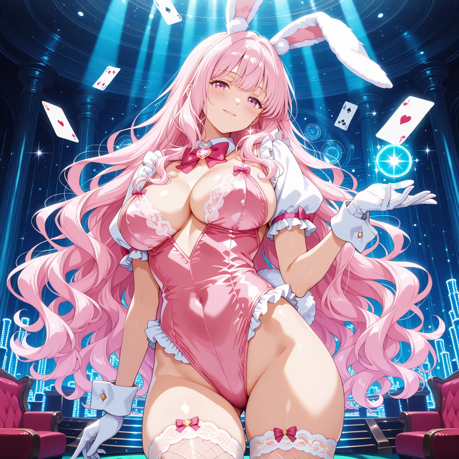 ((best quality)), ((masterpiece)), (detailed),High quality, Ultra detailed, best quality, insanely detailed, beautiful, masterpiece,(1 tall woman),20s,((Bunny girl)), pink bunny suit,Holding a bow,(red bob hair), a sword,bunny warrior
