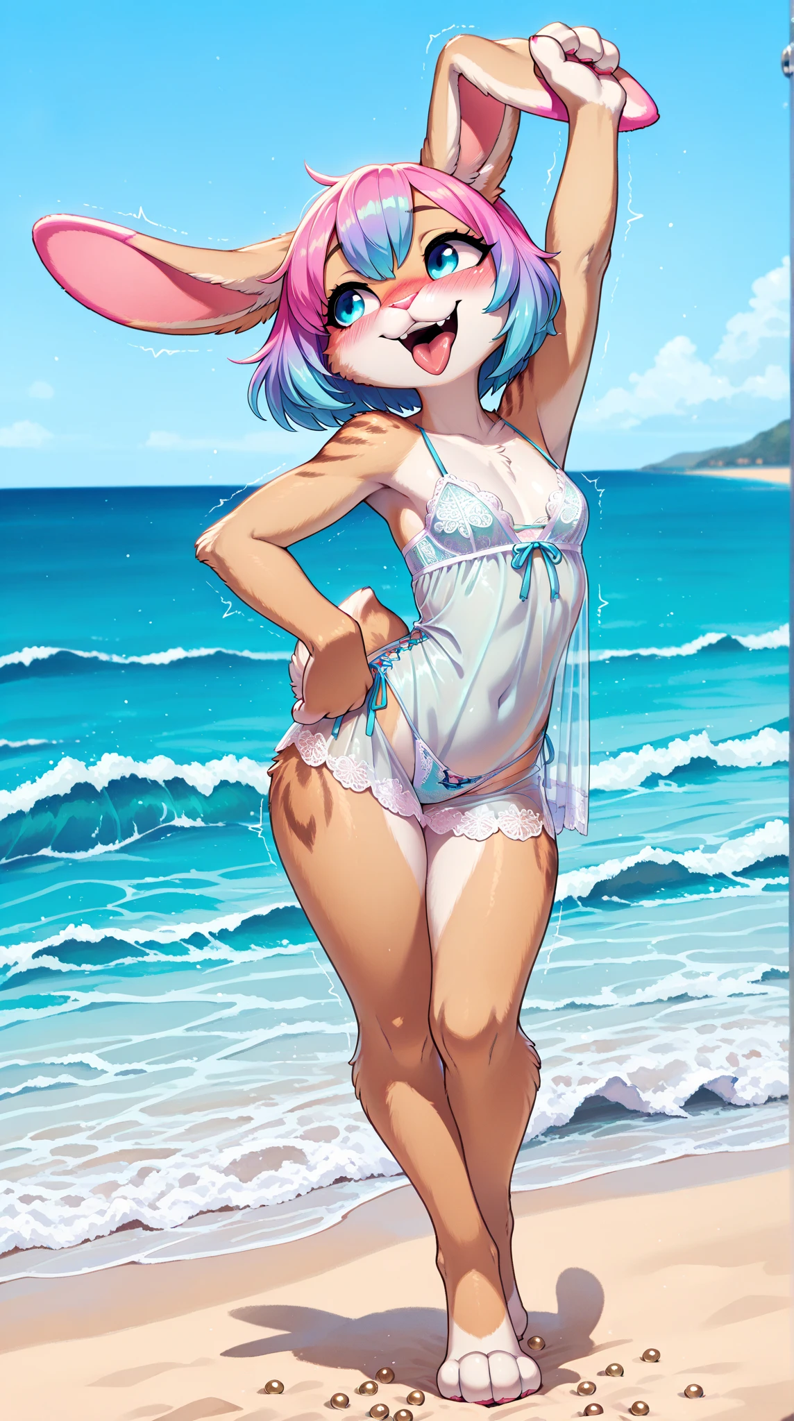 (fluffy anthro furry :1.6),(young :1.6),fox girl,long hair,wavy hair,(pink hair :1.6),green eyes,sparkle eyes,glistering eyes,glowing eyes,(pink fur :1.6),white onepiece swimsuit with floral embroidery,floral hair ornaments,sunbeam,shiny skin,sweating,soak body,sweating sexy girl,looking at viewer,full face blush,sex suggestive face,smile,beautiful beach,lying on beach chair,beach umbrella,armpits