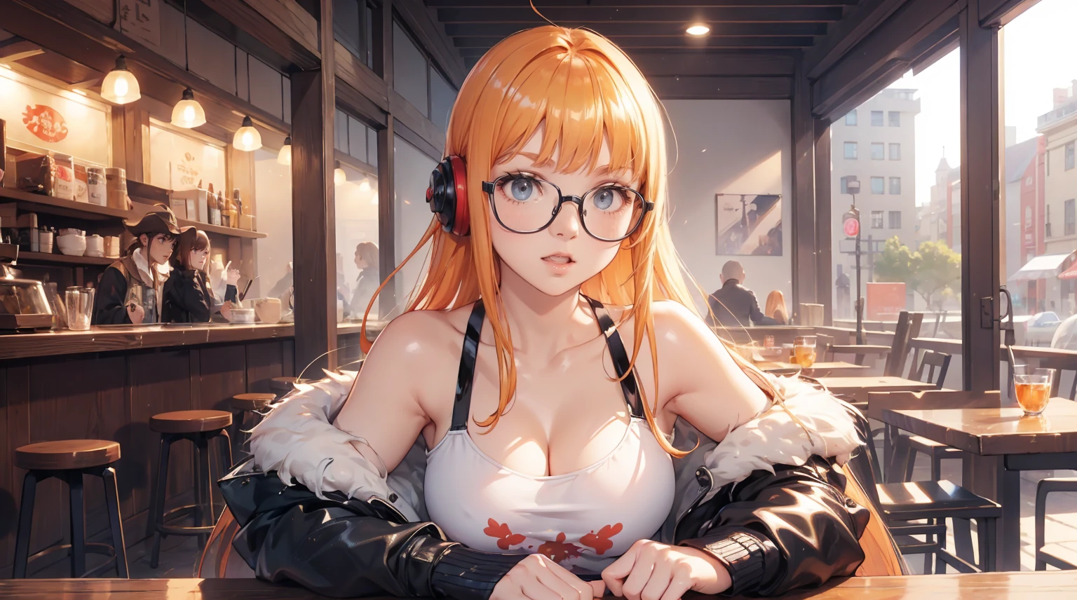 ((Marl、Horse ear headband、fake horse ears)）、（lightly dressed、cleavage of the breast、fully body photo、Beautiful legs)、（persona、futaba sakura、orange color hair、Black-rimmed glasses、Rough shirt、Lower breast、Puffy jacket、Beautiful woman paintings based on Naoya Maeda&#39;painting of a）、1girl in、​master piece、japanaese girl、absurderes、hight resolution、ultra-detailliert、depth of fields、​masterpiece、extremely details CG、3D Photography、3D background、Unity、8K、Hi-Res、top-quality、shadowy、foco nítido、pale-skinned、A detailed eye、blurry backround、dynamic ungle、The most amazing super feat exaggeration、a closed mouth、Look at viewers、cute smile face、Red cheeks、superclear