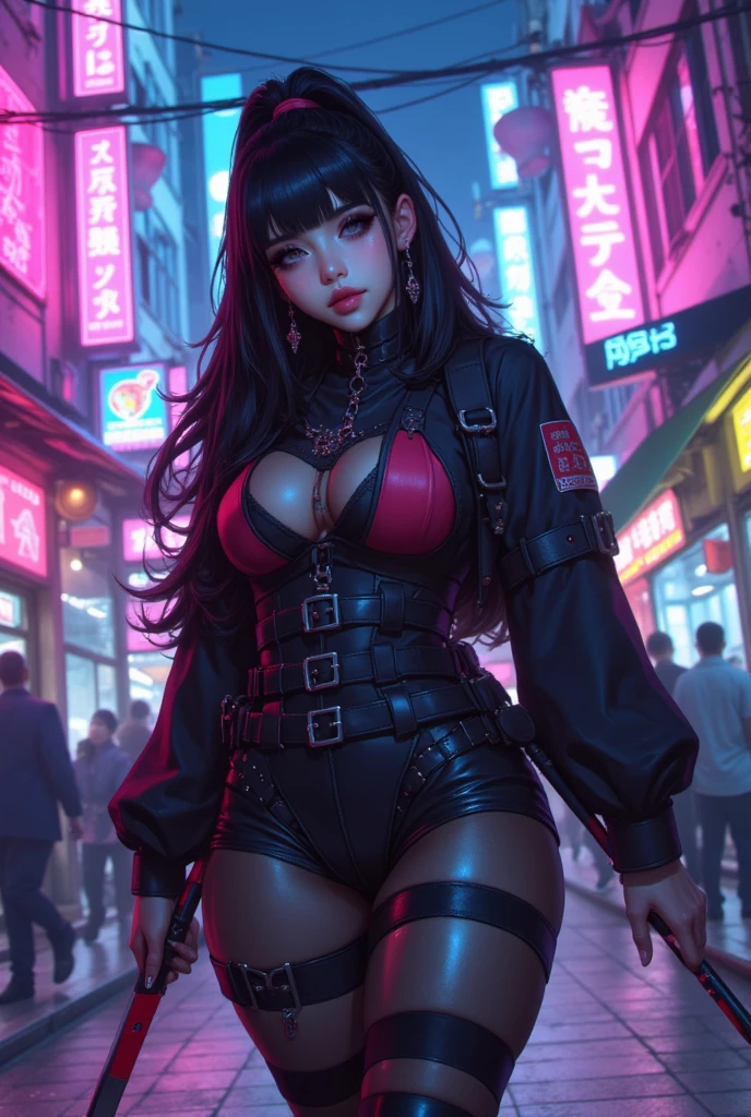 The character costume is KPOP, Hallyu, K-pop anime art style, Hallyu frontline style, Hallyu art style, kpop style, official artwork, Chibi art, Pisif, Blackpink style, cute. KPOP artwork in various poses, The popularity of Pisif art station, 16 year old chibi, No watermark, Extra close-fitting mini skirt, open jacket, extra short clear top Strapless, cleavage, style clothing cyberpunk, smallest short short, wide angle, short top, very short,