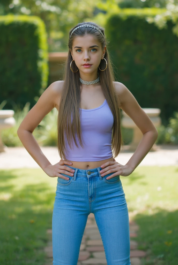arafed girl in a blue top and white shorts standing in front of a purple chair, camera angle looking up at her, looking down on the camera, selfie shot straight on angle, on a parking lot, sexy look at the camera, she is facing the camera, looking directly at the camera, gorgeous young model, flat chested, cute girl wearing tank suit