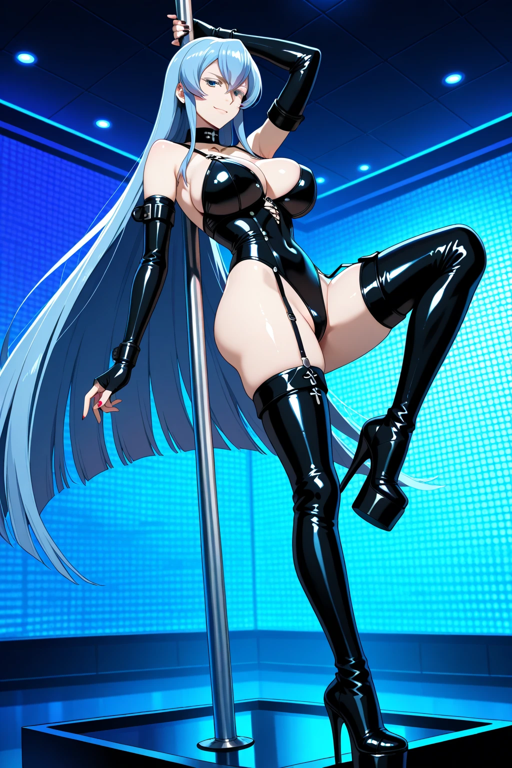 女性1 person、(((black shiny latex bondage suit)))、(from below:1.3)、 brown hair, brown eyes, long and high ponytail, hair band,  1 person、25 years old, japanese mature woman, beautiful fingers, beautiful long legs, beautiful body, beautiful nose, beautiful character design, perfect eyes, perfect face, jewelry, See-through, looking at the viewer, hair ornaments,  choker, shy, (grin:1.6)、the king of fighters,(((Has a black super long whip:1.5)))、
(table top, highest qualityの, highest quality, beautiful and aesthetic: 1.2), very detailed, more detailed,proper body proportions,table top,Super high quality output image,High resolution,intricate details,very delicate and beautiful hair,realistic pictures,dream-like,professional lighting,realistic shadow,focus only,
(big breasts:1.2,) , floating skirt,
Knee-high long boots with stiletto heels、Anime one、from below、(((depiction of a prison)))、(((close your mouth)))