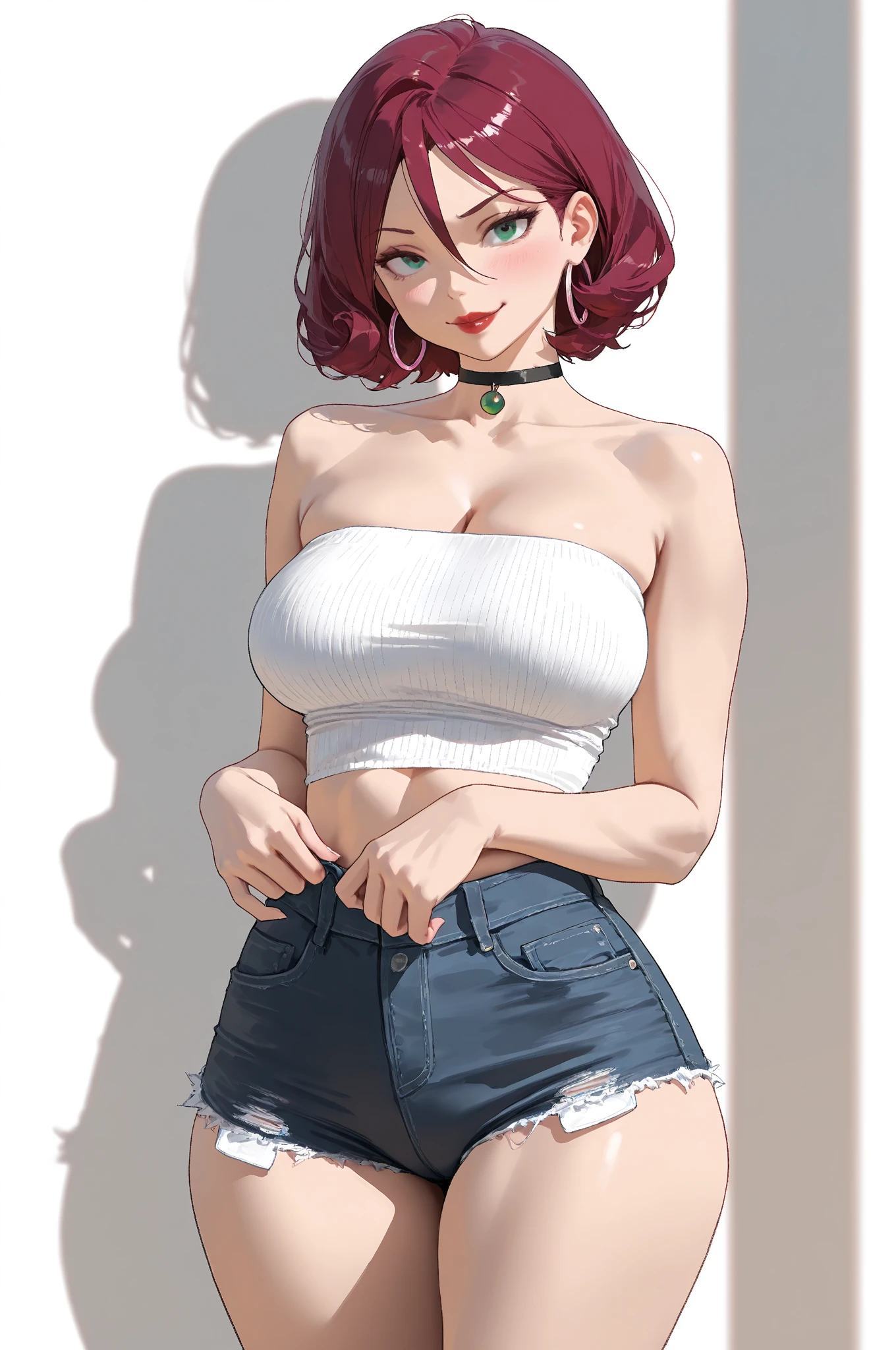 (masterpiece, highest quality:1.2), bazett, FGO, One girl, alone, short hair, Redhead, bangs, Red eyes、blush、Big Breasts, Earrings, (camisole:1.3、hot pants),