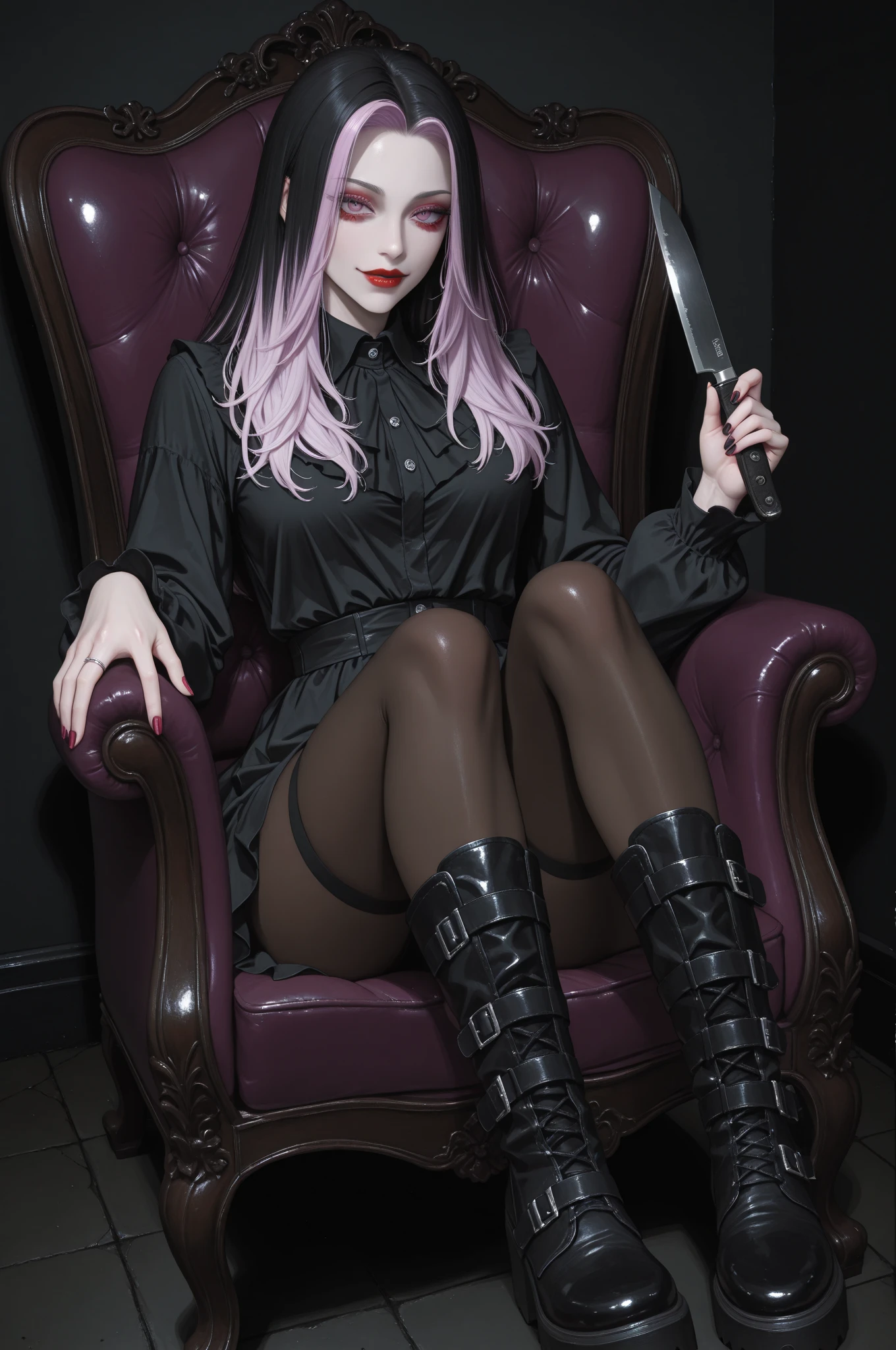 Mature Woman、Pink Hair、Black Hair、((Two-tone hair))、(Detailed face)、((Lolita dress with delicate pink decoration))、Slender women、Cute Woman、 8K Ultra HD, Delicate texture, Long Hair、(((blunt bangs)))、(((Drill Hair)))、Lace thigh-high tights、short boots、((Goth))、tutu mini skirt、A room in a Western-style building、((Delicate photo)),(Girl Astepeace RAW Photo Details:1.25), (highest quality:1.6), (超A high resolution:1.5), (Realistic:1.75), 8K resolution, Canon EOS R5, 50mm, Absurd, Ultra-detailed,Cinema Lighting、