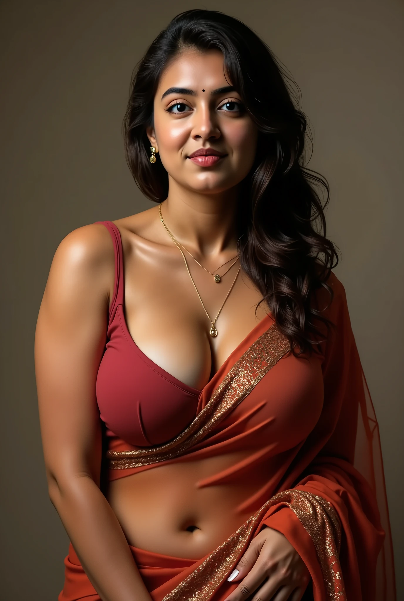 In a softly lit, intimate bedroom with a warm glow from a bedside lamp, Savita Bhabhi, a voluptuous 25-year-old with radiant light fair skin, reclines nude on a plush, king-sized bed with silky white sheets. Her curvaceous, anatomically precise figure is posed seductively, mimicking the iconic comic style: one leg bent at the knee, thigh raised to emphasize its full, toned curve, while the other leg stretches out, accentuating her sexy, rounded thighs with smooth contours true to the comic’s exaggerated yet realistic aesthetic. One arm rests behind her head, lifting her chest to highlight her proportionate bust, while the other hand grazes her hip, drawing attention to her slim waist and hourglass silhouette. Her discarded burgundy saree, shimmering with gold embroidery, lies in a sensual heap on the hardwood floor beside a scuffed red cricket ball, tying to the episode’s theme. The cozy bedroom features minimal decor—a carved wooden headboard, a small bedside table, and sheer curtains filtering moonlight—keeping the focus on Savita’s alluring presence. Her bold, sultry gaze locks onto the camera, lips parted in a confident, mischievous smile radiating charisma and control. Soft shadows enhance her smooth skin, toned midriff, and comic-accurate, voluptuous thighs, as the narrative peaks with Savita reveling in her sensuality, exuding unapologetic dominance and pleasure.