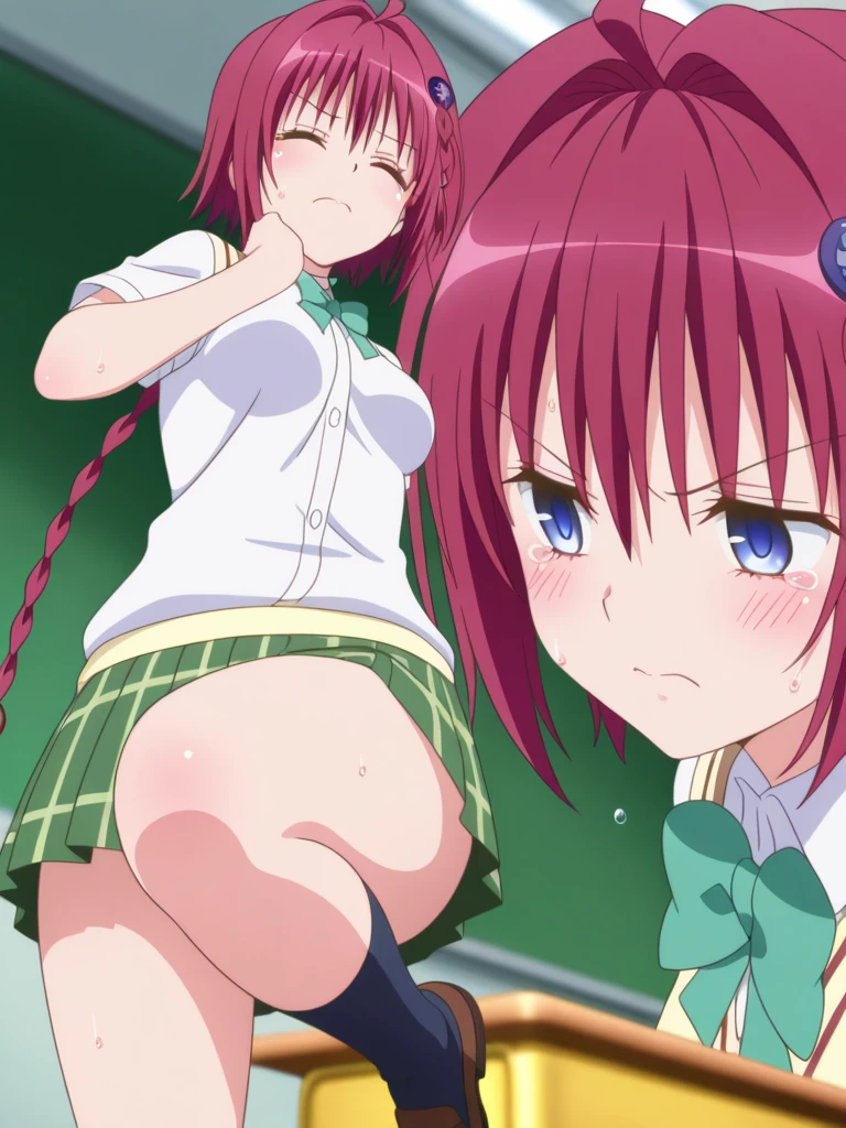 score_9, score_8_up, score_7_up, source_anime, sakimiya iruka, red hair, green eyes, one side up, medium hair, green scrunchie, hair ornament, shiny skin, rating_explicit, large breasts, large ass, micro mini bikini,(embarrassed, cry), (tears:1.2), (sweat:1.3), (steam on body, heavy breathing), (trembling:1.4), drooling, spread legs,(pussy juice:1.3), orc,1man, man's hand, (open vagina:1.5), pole dance, on stage,