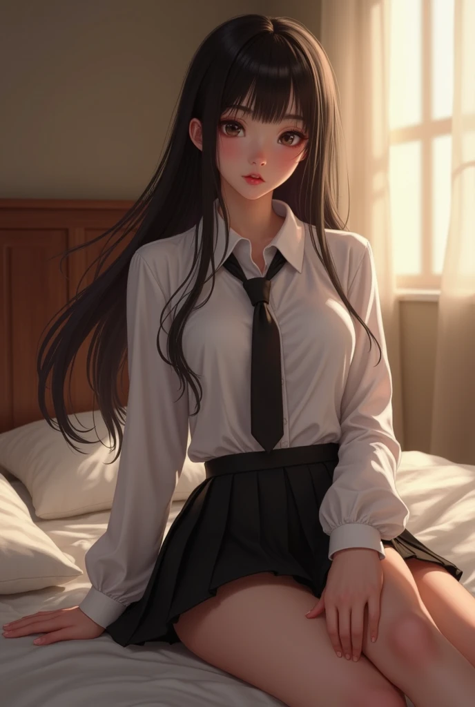 absurdres, RAW photo, extremely delicate and beautiful, masterpiece, Best Quality, ultra high resolution, 32k, hyperrealistic, ultra-detailed, in her 20s, delicate facial features, tearful mole, earring, medium breasts, full body shot, shorter middle black hair, skirt, button up shirt,