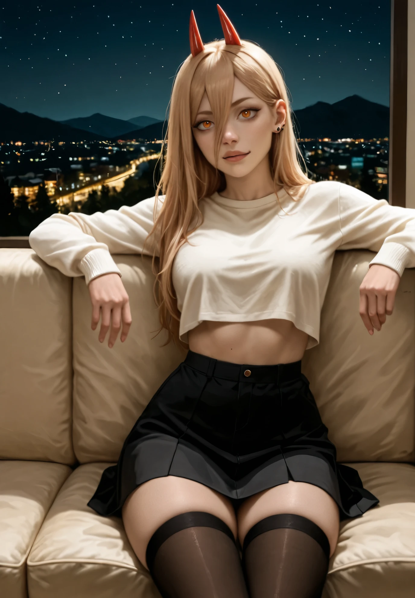 1girl, Power /(Chainsaw Man)/, crop top, piercings, thigh highs, skirt, sitting on a couch,sexy pose, alluring atmosphere, night time, mountain cottage, cinematic lighting, masterpiece,top quality,warm color,high resolution,high fashion,absurdres extremely,vivid colors,intricate details,best quality,amazing quality,very aesthetic,newest,ultra-detailed,nsfw